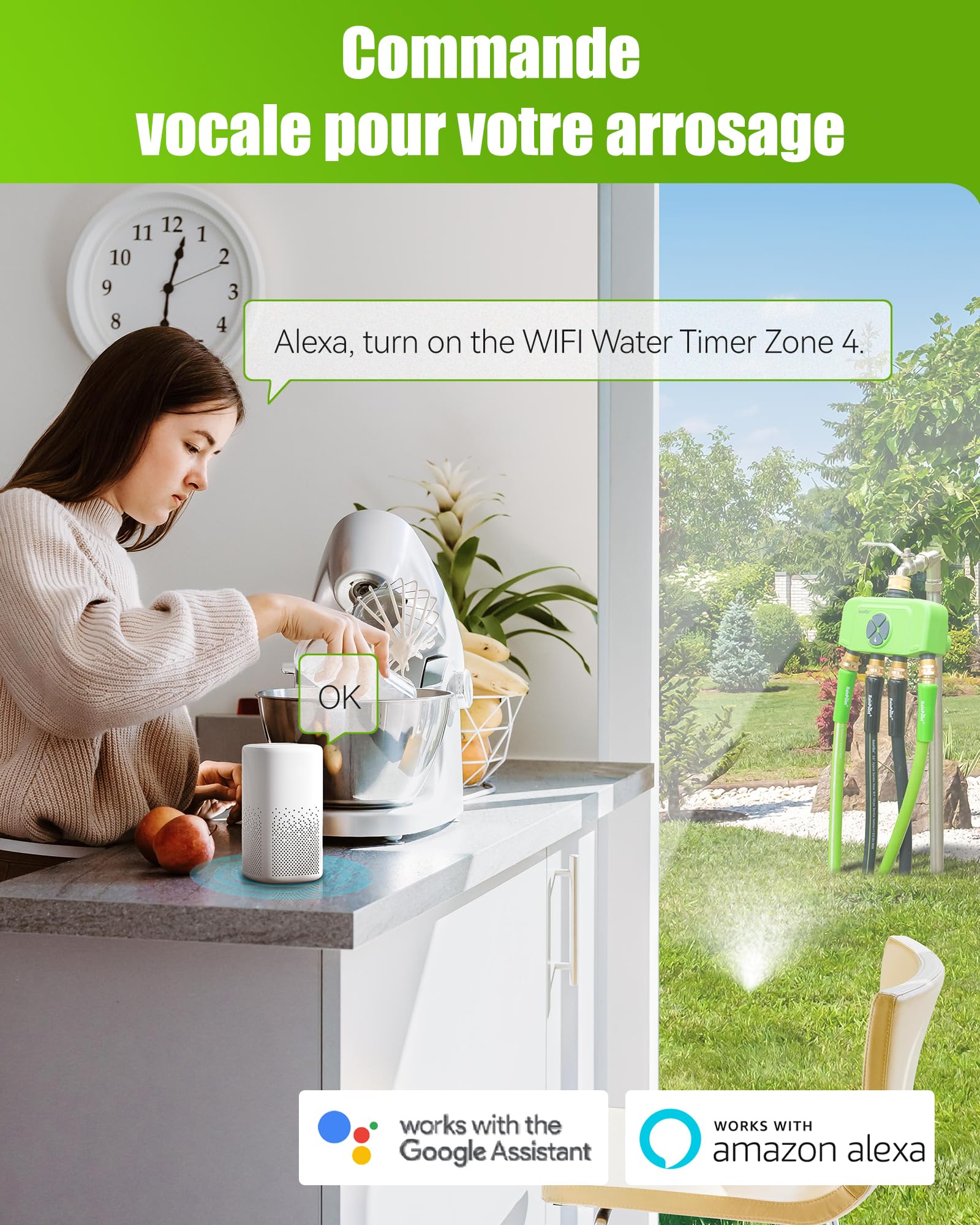 RAINPOINT Programmateur Arrosage WiFi 4 Zones avec Hub, Contrôleur d'Arrosage Intelligent avec Débitmètre, Entrée/Sortie en Laiton, Compatible Alexa/Google, pour Jardin et Pelouse