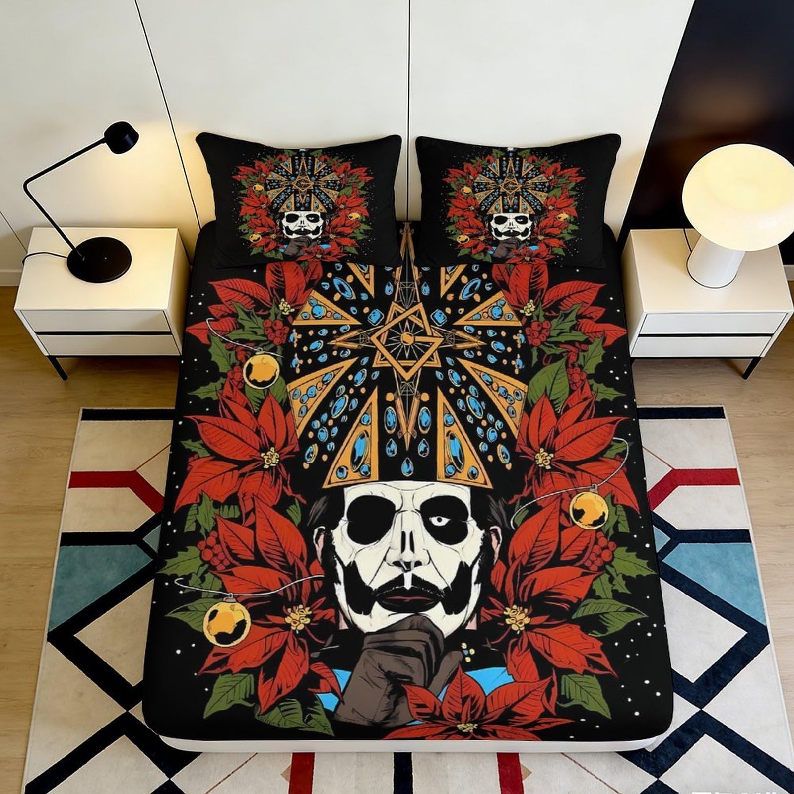 3D Printed Gothic Skull Fitted Sheet Microfiber Soft Breathable Floral Crown Bed Cover for Bedroom Dormitory Guest Room Mattress Protection Decor 200x200x25cm