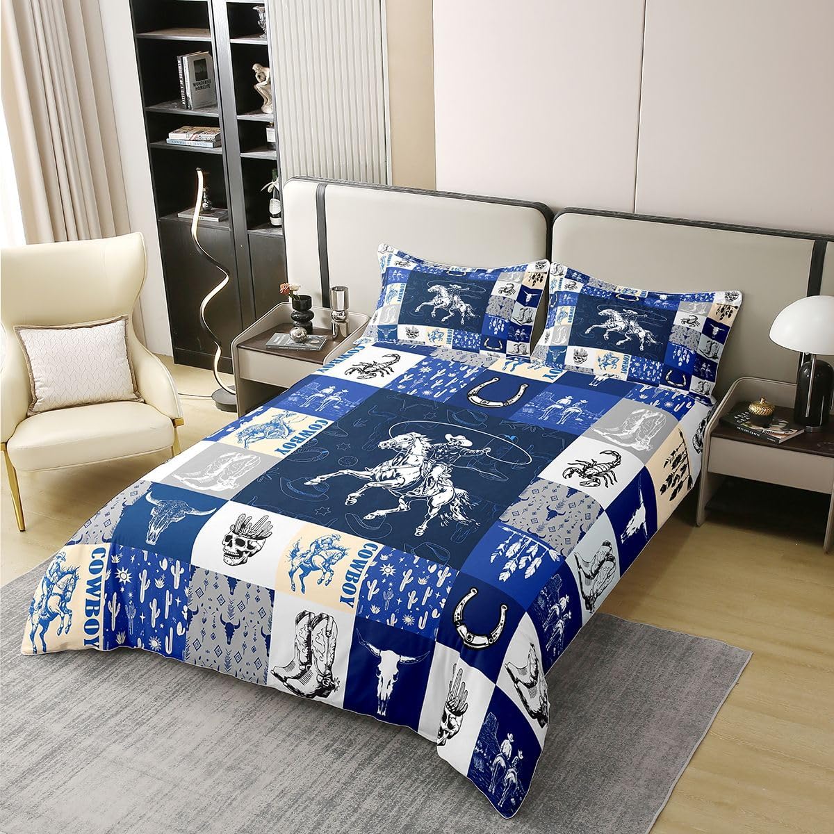 Cowboy 100% Cotton Duvet Cover Twin Western Bedding Set For Teen Boys Boho Arrows Feather Bull Skull Horse Riding Comforter Cover American Horseshoe Cactus Desert Blue Yellow Gray Quilt Cover