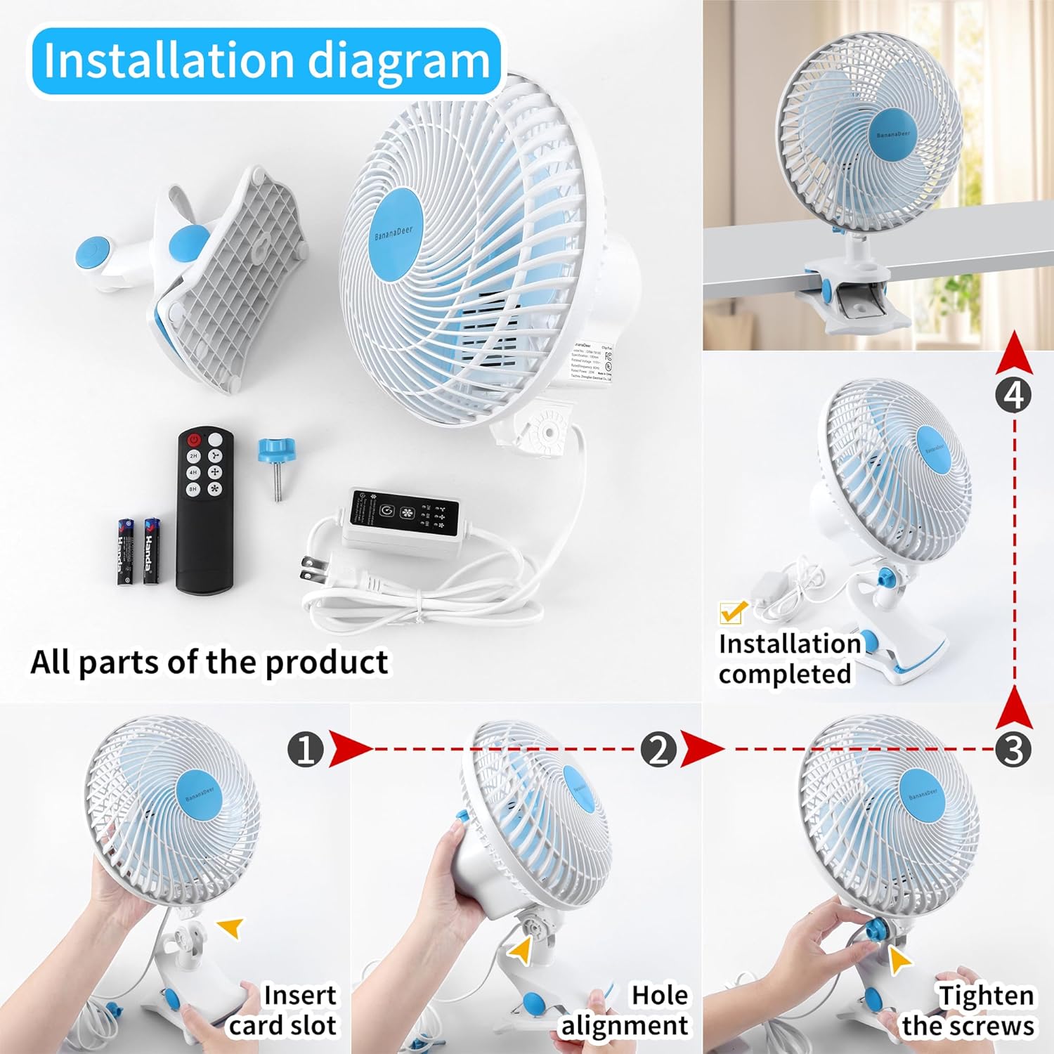 Oscillating Clip on Fan 9-Inch With Remote control, Portable Desk Fan Adjustable Tilt, w/Sturdy Clamp,3 Speed, 3 Timer, Shaking Fan for Home Office Dorm Table Bedroom Kitchen with 5FT Cord
