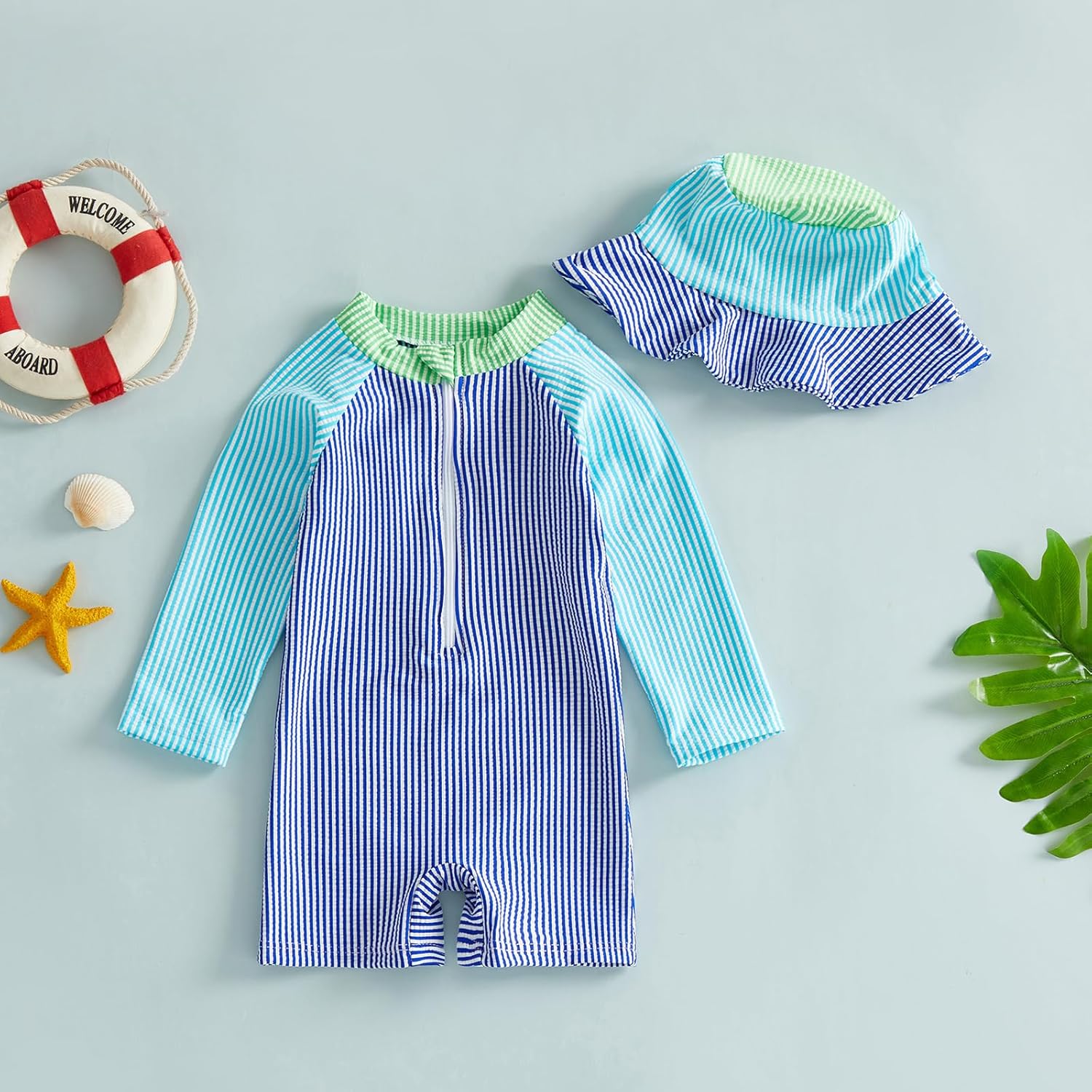 Toddler Baby Boys Seersucker Long Sleeve One Piece Rash Guard Swimsuit Zipper Bathing Suit Swimwear with Hat - Image 4