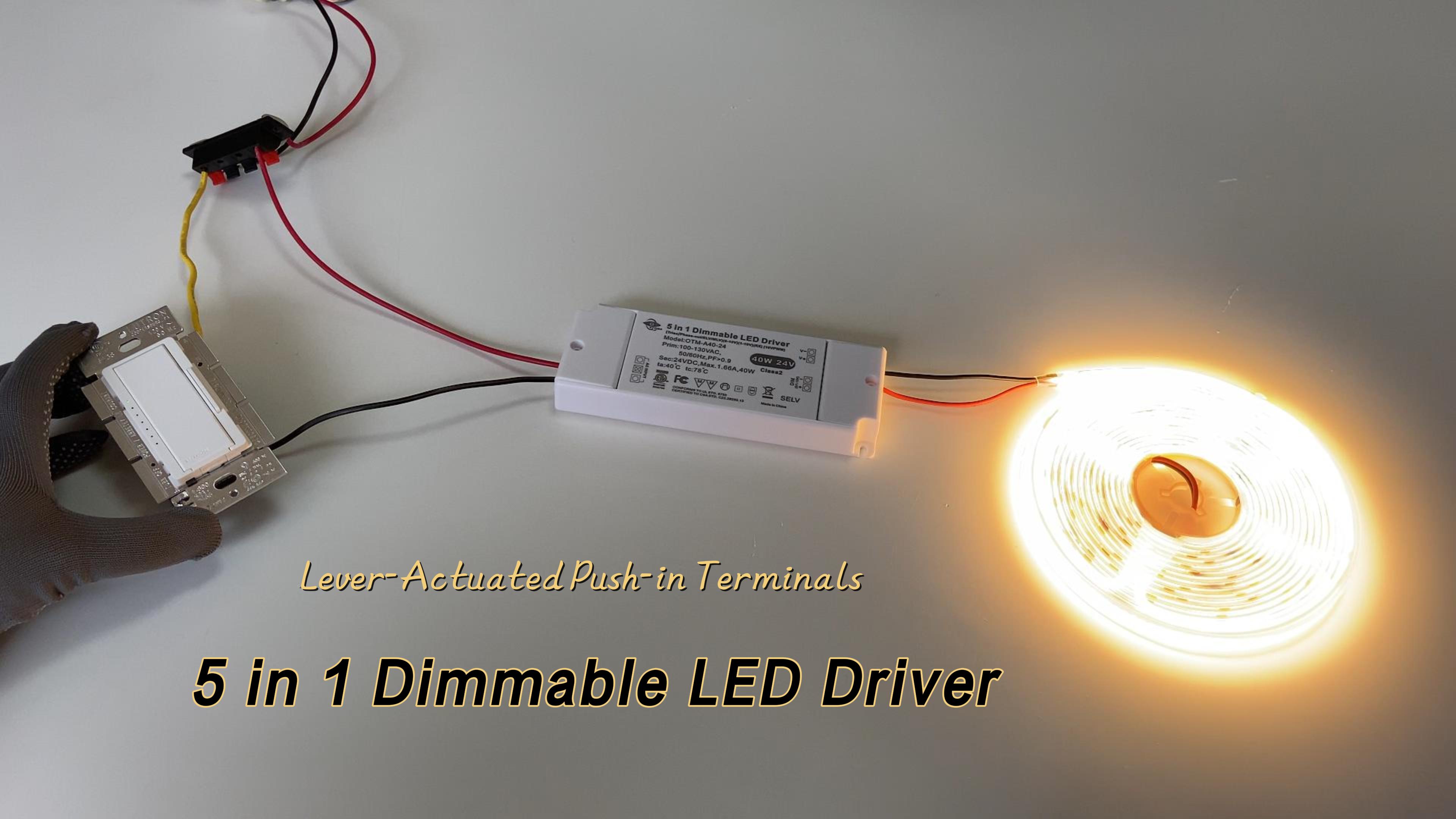 Image of Dimmable LED Driver 40W 24V, 5-in-1 Dimming Flicker-Free Power Supply with Lever-Actuated Push-in Terminals, Ultra-Slim Transformer for LED Strip Lights, Triac & 0-10V Compatible, ETL Listed