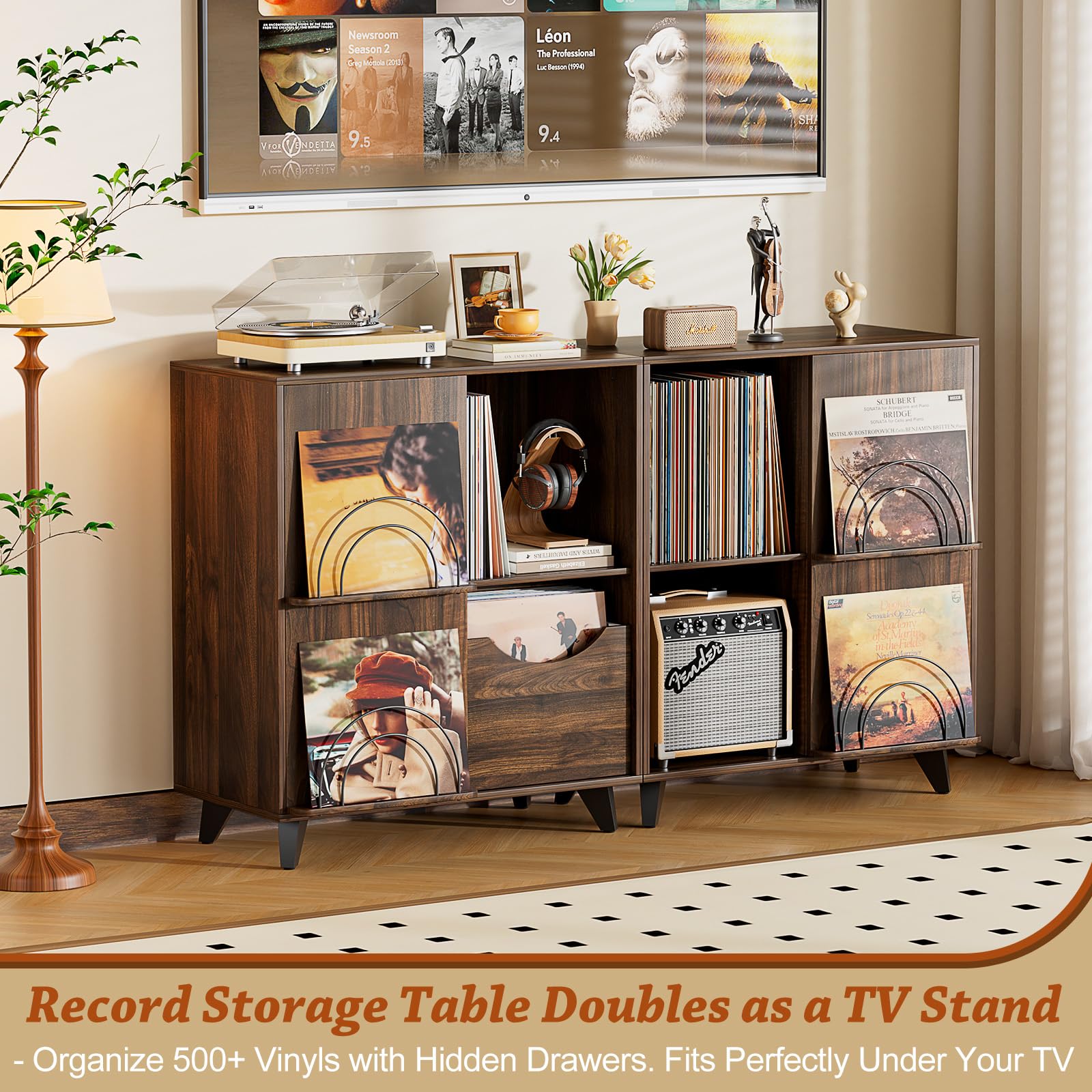 Bikoney Mobile Vinili - Mobiletto per Giradischi con Espositore Album | Supporto per giradischi e casse con 1 cassetto. Mobile TV retrò e credenza per dischi in legno.