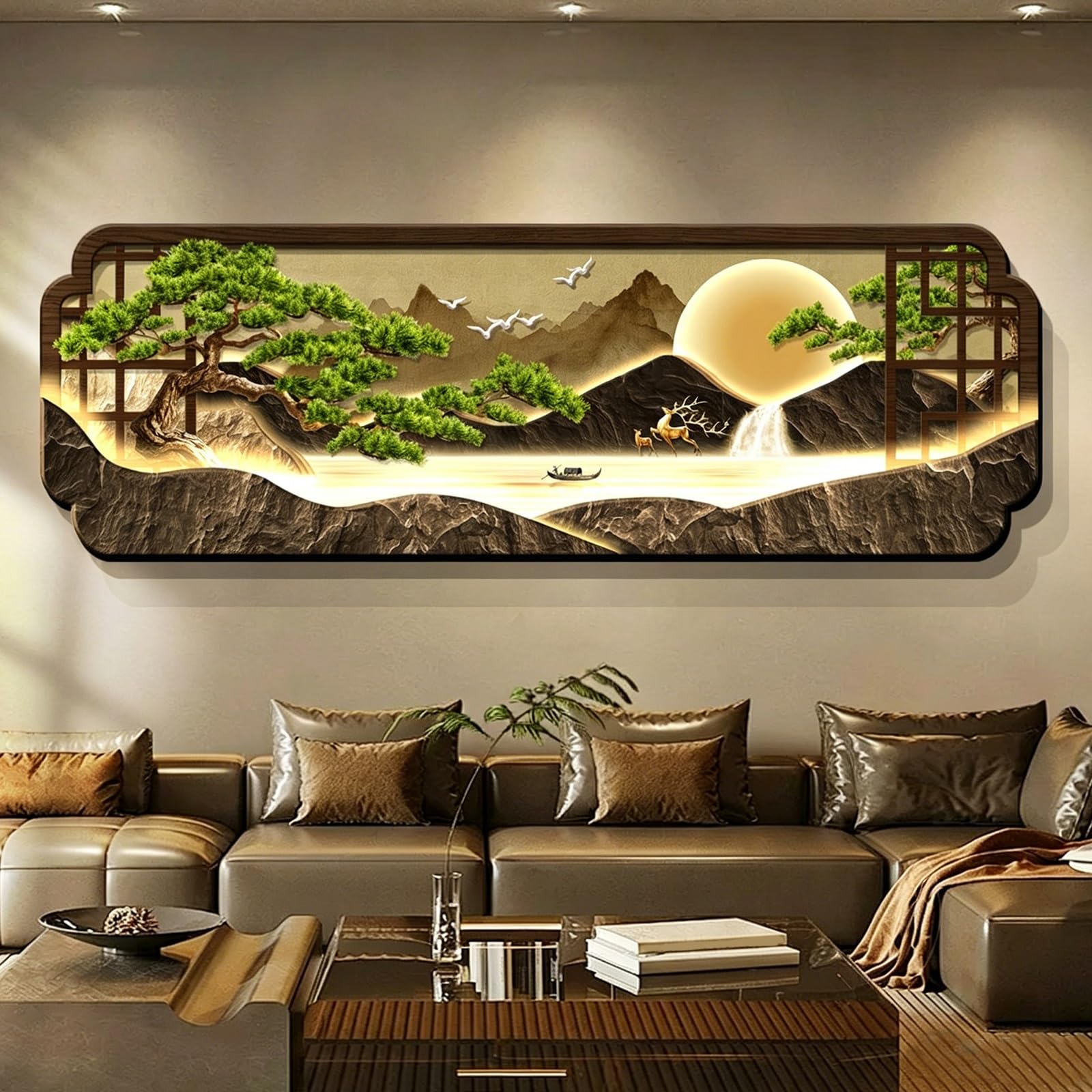 VOLDAX Arte de Pared 3D con Luces, Pintura Cuadros Decorativos Colgante 3D, Moderna Y Sencilla, Para Sala De Estar, Entrada(Brown D,100 * 33cm/39.4 * 13in)