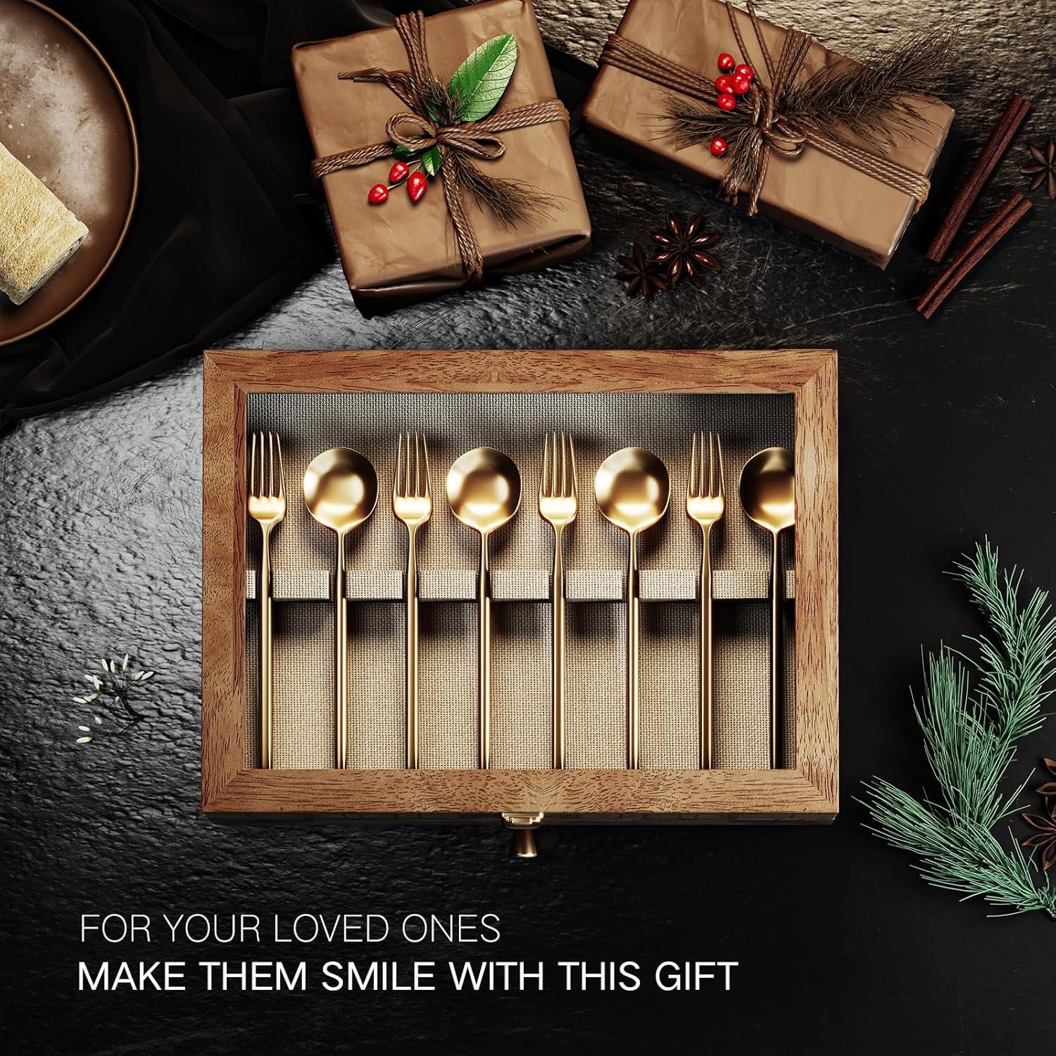 Silverware Box, 3-Layer Wooden Silverware Storage Box with Glass Lid, 14.5×10.6 Inches Vintage Style Decor Flatware Storage Case for Fine Flatware & Utensils, Gift Idea (Torched Wood) - Image 8