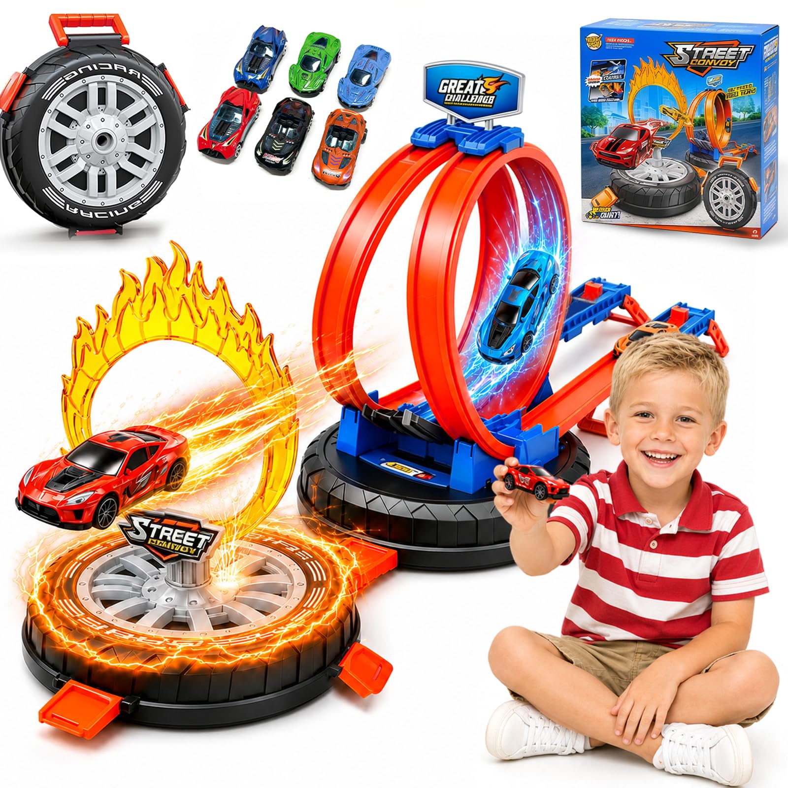 Ronronner Circuit Voiture Transformable avec Boucle 360° & Anneau de Feu – Circuit Voiture Enfant Flexible, 6 Mini Voitures, Auto Spielzeug Circuit Électrique sans Pile pour Garçons