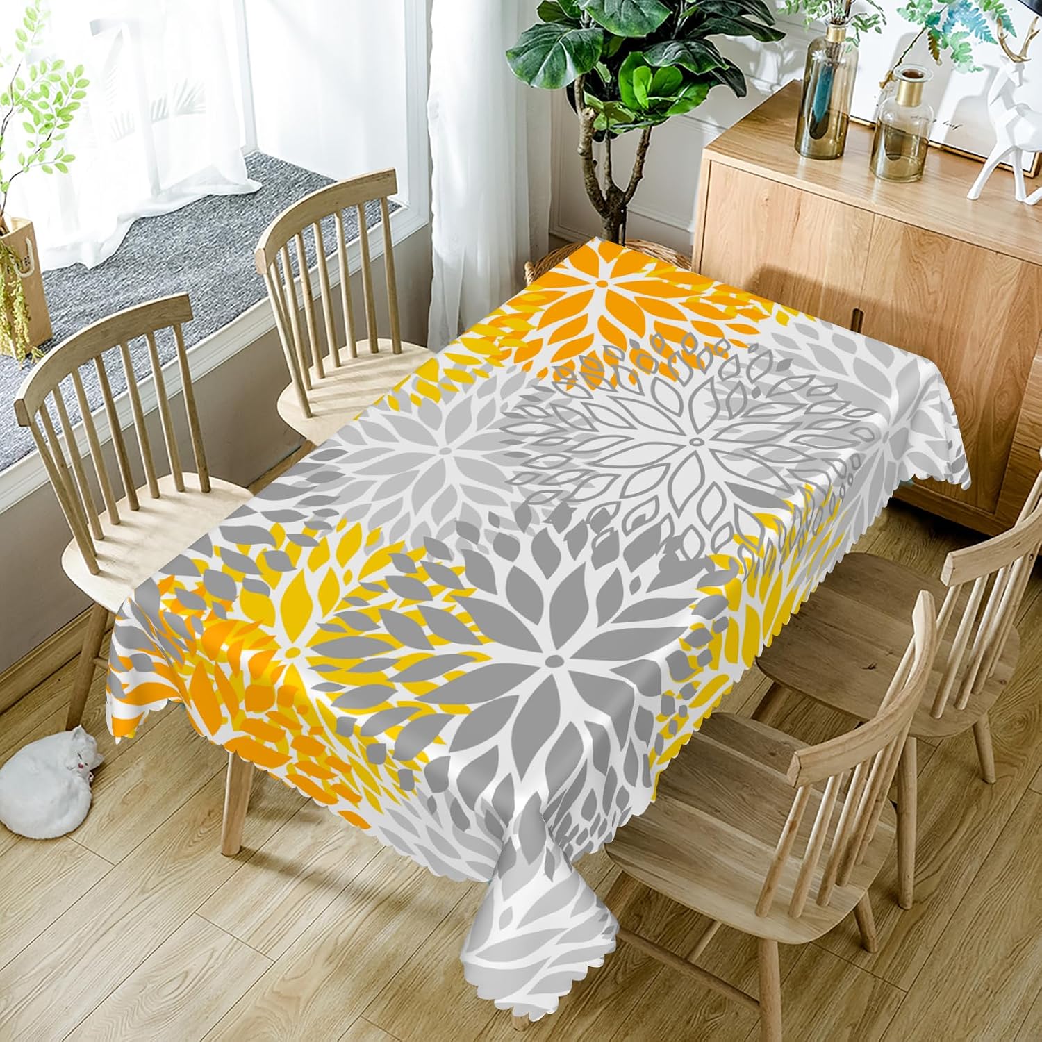 70x140inches Dahlia Floral Rectangle Table Cloth Grey Yellow Flowers Tablecloth Modern Abstract Geometric Polyester Fabric Table Cover for Kitchen Dining Room Indoor Outdoor Patio Home Decor