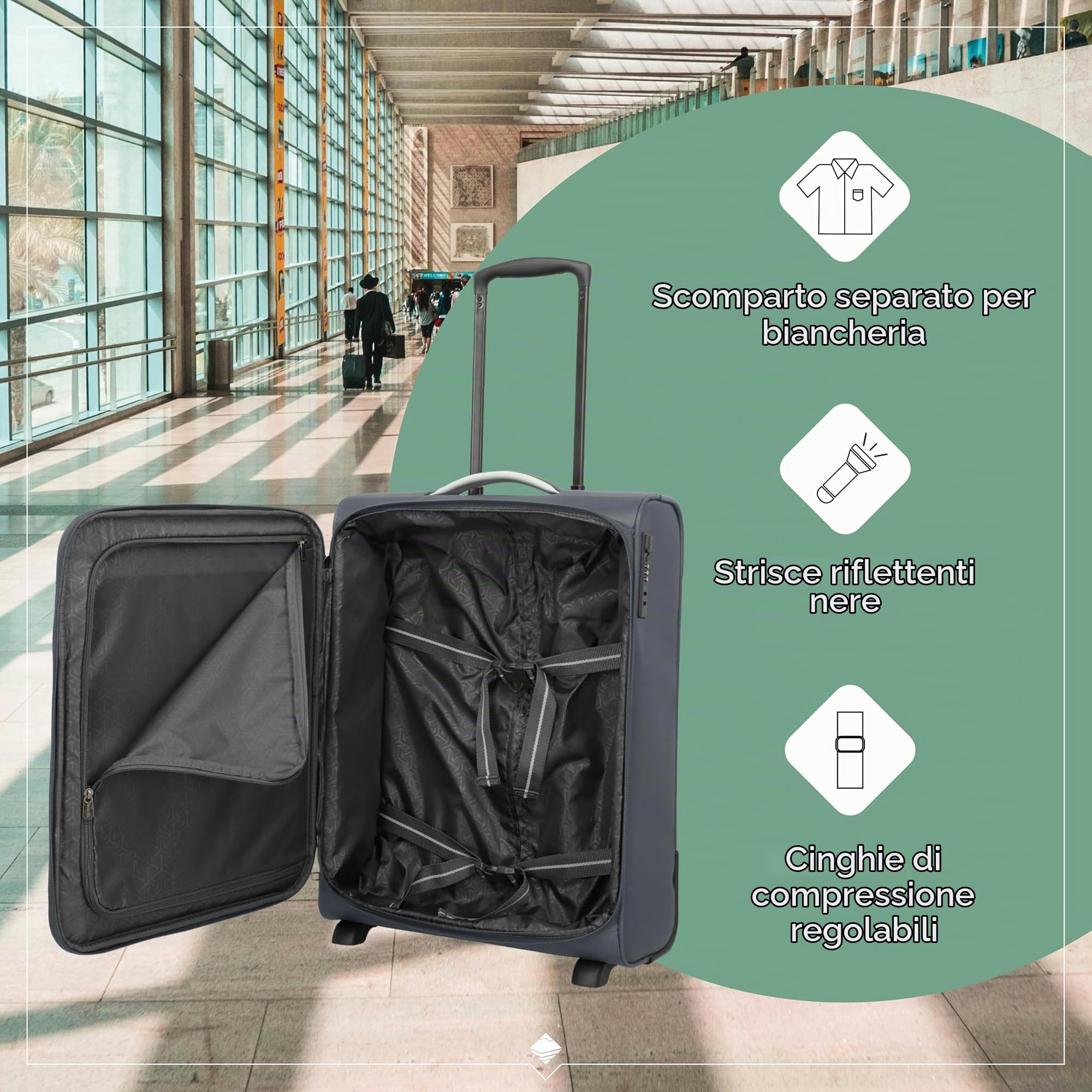 travelite valigia a mano con 2 rotelle per Condor + Ryanair, serratura a combinazione integrata, trolley da cabina compatto con funzione di aggancio, 55x40x20 cm, 41 l, 2,2 kg