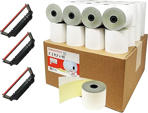BuyRegisterRolls (3 cintas SP700 + 30 rollos) rollos autocopiativos de 2 capas de 3 pulgadas x 95 pies, papel de recibo blanco/amarillo, caja