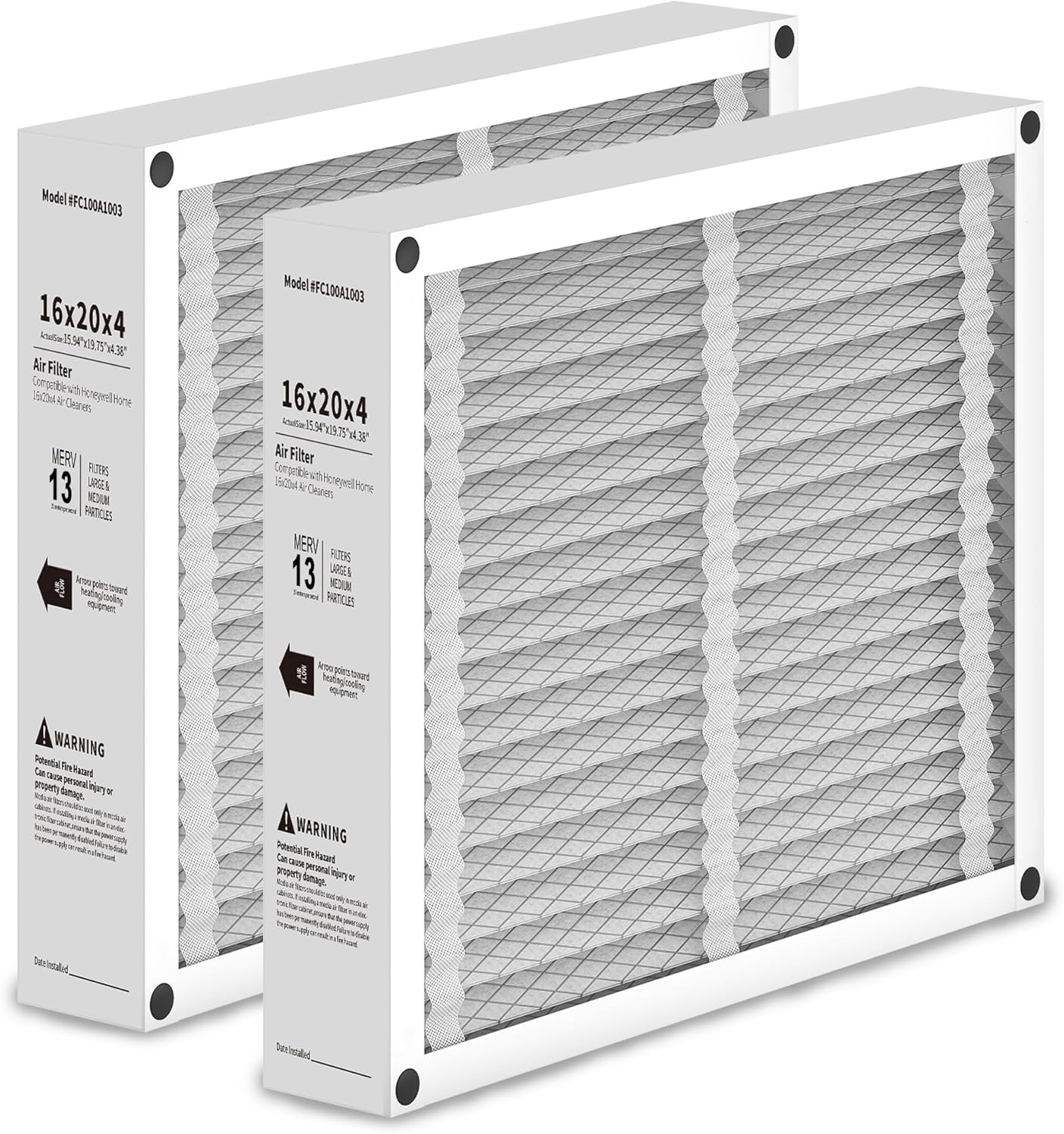 2 Pack 16x25x4 Air Filter Replacement Compatible with Honeywell FC100A1029 Pleated HVAC, MERV 13 Furnace Filter, Foldable Design (Actual Size: 15.94 x 24.86 x 4.38 Inches)