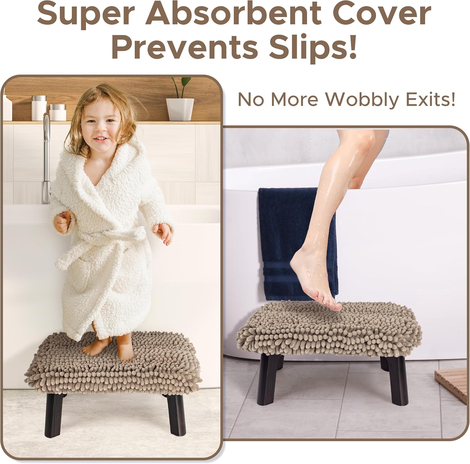 Sunlit One Step Stool with Absorbent Chenille, Stool Holds up to 550 lbs, Non-Slip Natural Wood Color Foot Stool, Wooden Step Stool for Adults, Step Stools for Kids, Bathroom, Light Gray