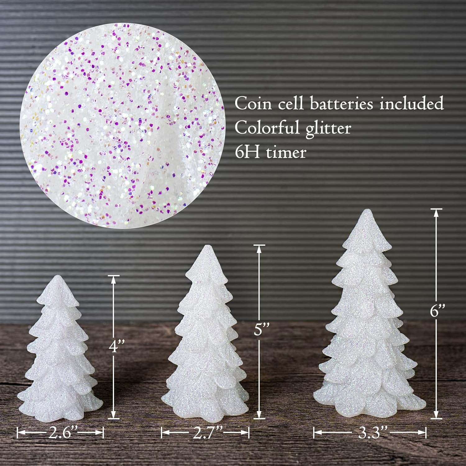 Glittering White Christmas Tree Shaped Flickering Flameless LED Candles with Timer, Real Wax Battery Operated for Home Party Decoration and Gift (Set of 3)