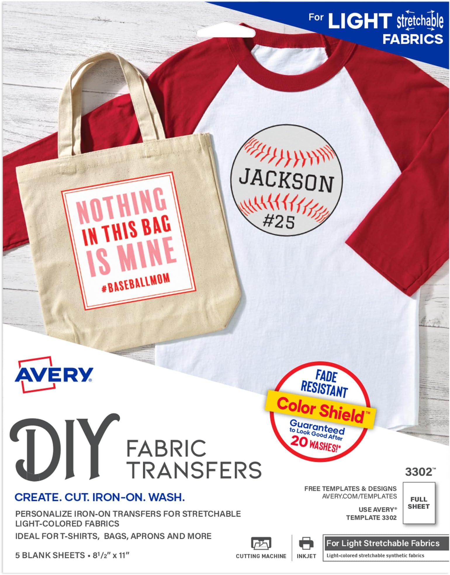 Avery Printable Stretchable Heat Transfer Paper for Light Fabrics, 21.6 cm x 27.9 cm, Inkjet Printer, 5 Sheets (3302)