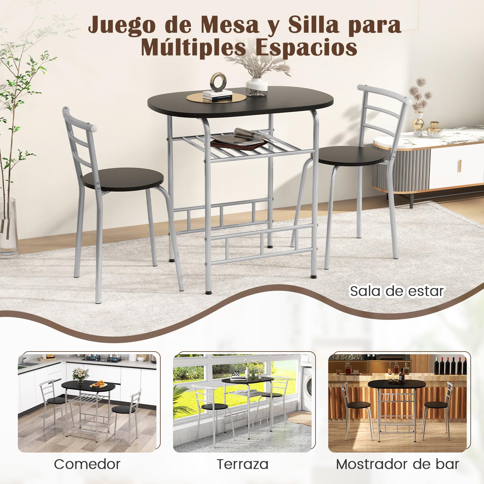 GIANTEX Juego de Comedor de 3 Piezas, 1 Mesa Ovalada Pequeña y 2 Sillas con Respaldo, con Botellero, Tablero de Mesa con Ventas de Madera, Marco de Metal, Ahorro Espacio (Negro+Plata)