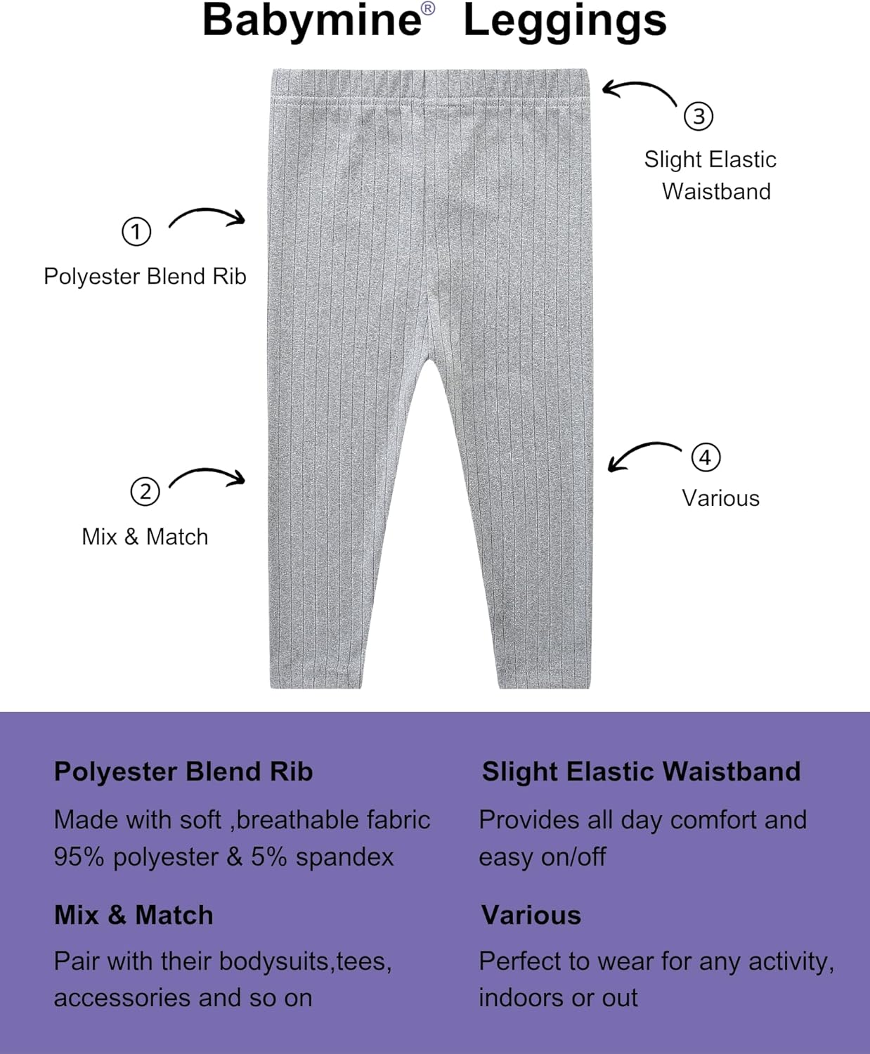 Baby and Toddler 3 Pack Pull On Pants Solid Ribbed Leggings Infant Clothes Size 1-4 Years - Image 3