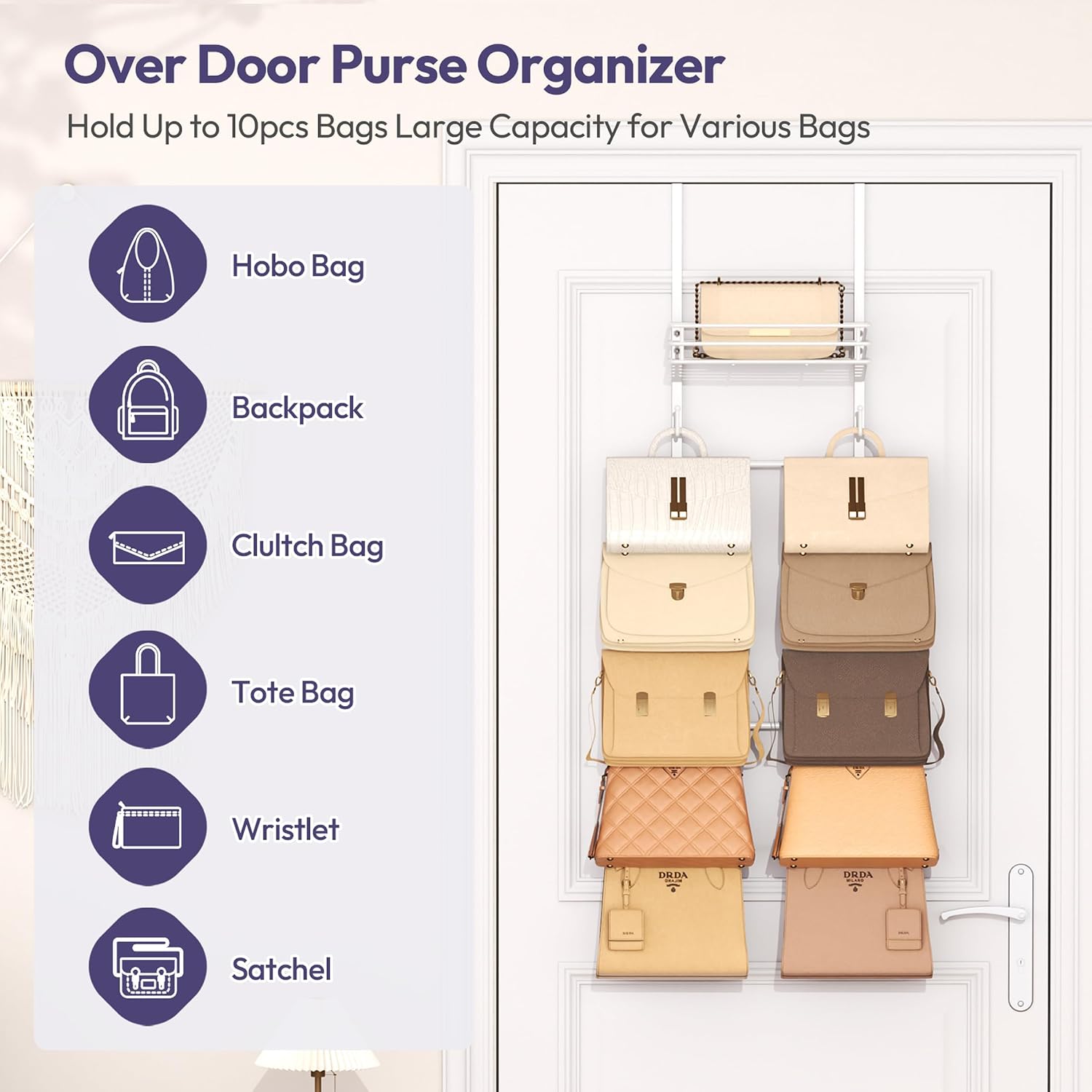 SWTYMIKI Over the Door Purse Organizer - Wall Mounted Handbag Organizer with 10 Hooks and Metal Basket, Hanging Purse Storage Rack Holds up to 10 Bags, Bag Rack Can Use As 1/2 Part, for Door, Closet image 2