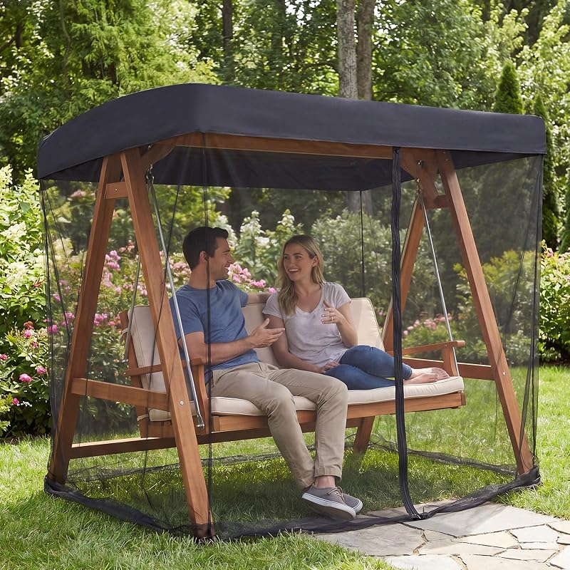 Yahenda Mosquito Net Cover for Patio Swing 72.83 x 49.21 x 80.71 Inch Black Bug Mesh Screen with Waterproof Top, Zipper Door, Fixing Straps for 2 Seater Canopy Swing Chair Outdoor Porch Garden