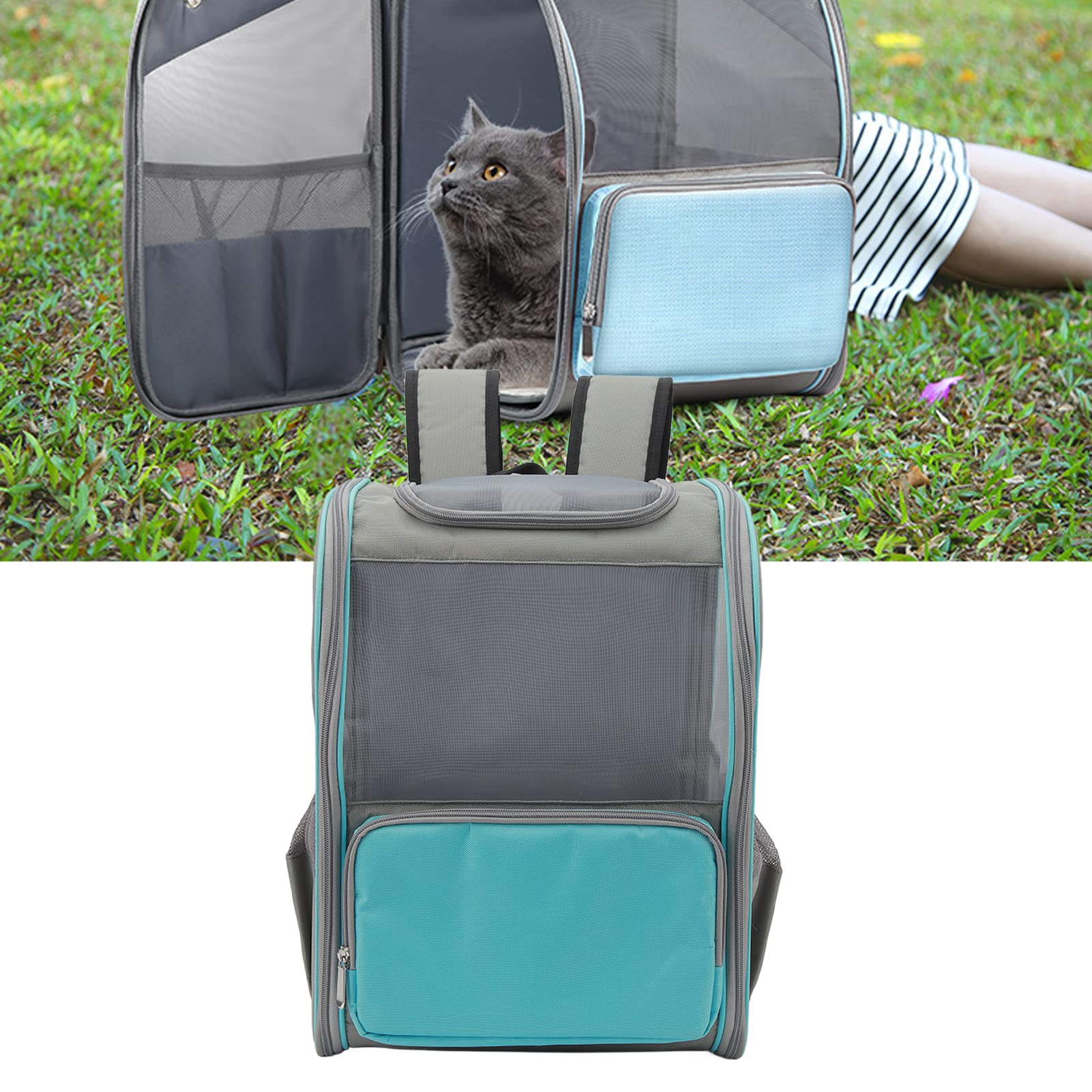 Mochila porta mascotas Mochila porta perros y gatos transpirable Mochila portátil para mascotas Bolsa para senderismo Viajes al aire Sostenga mascotas de hasta 16.5 libras Nylon (Azul)