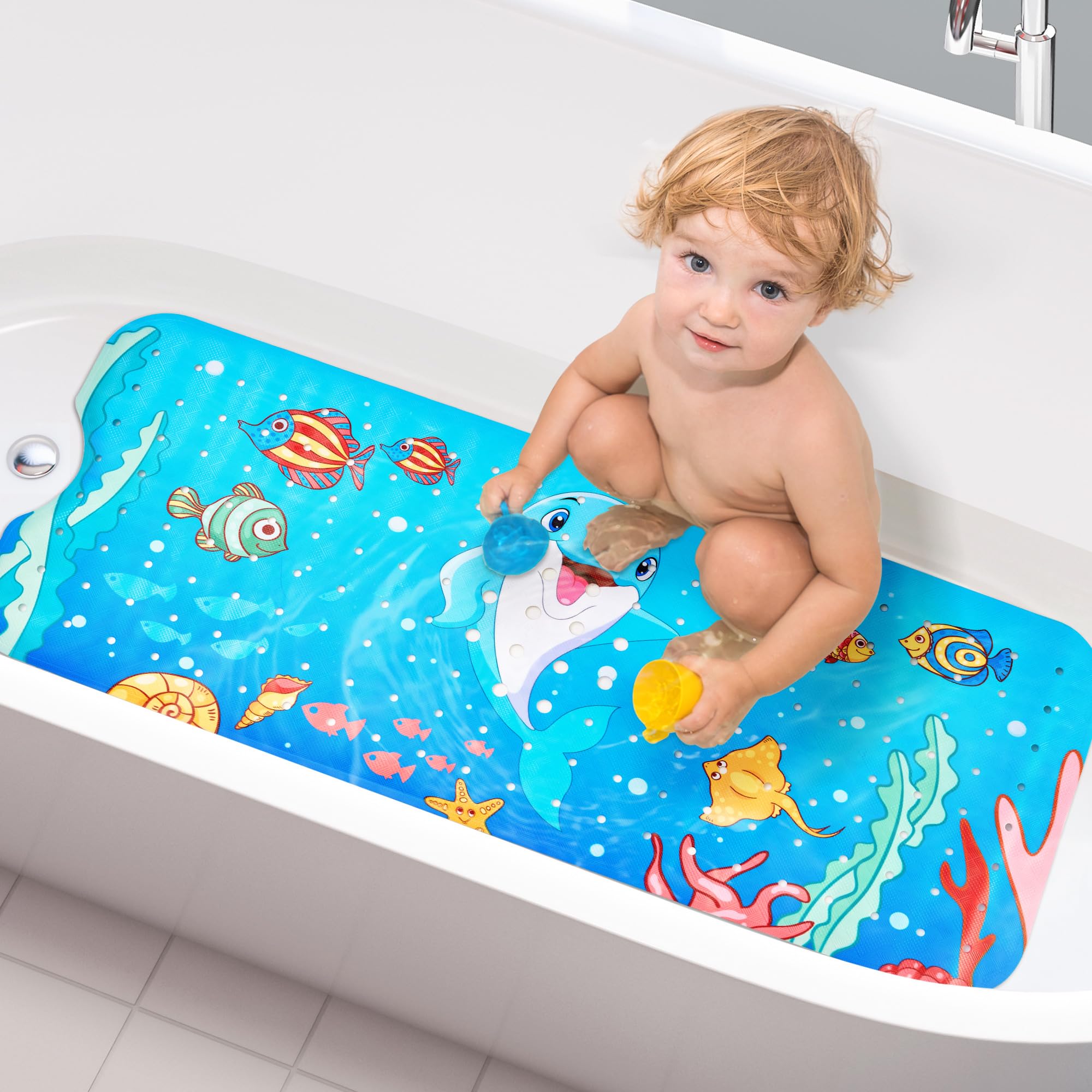 Alfombrilla de baño para bebé antideslizante para niños, 40 x 16 pulgadas, extra larga, con agujeros de drenaje y ventosas, alfombrilla de ducha antideslizante, lavable a máquina, delfín