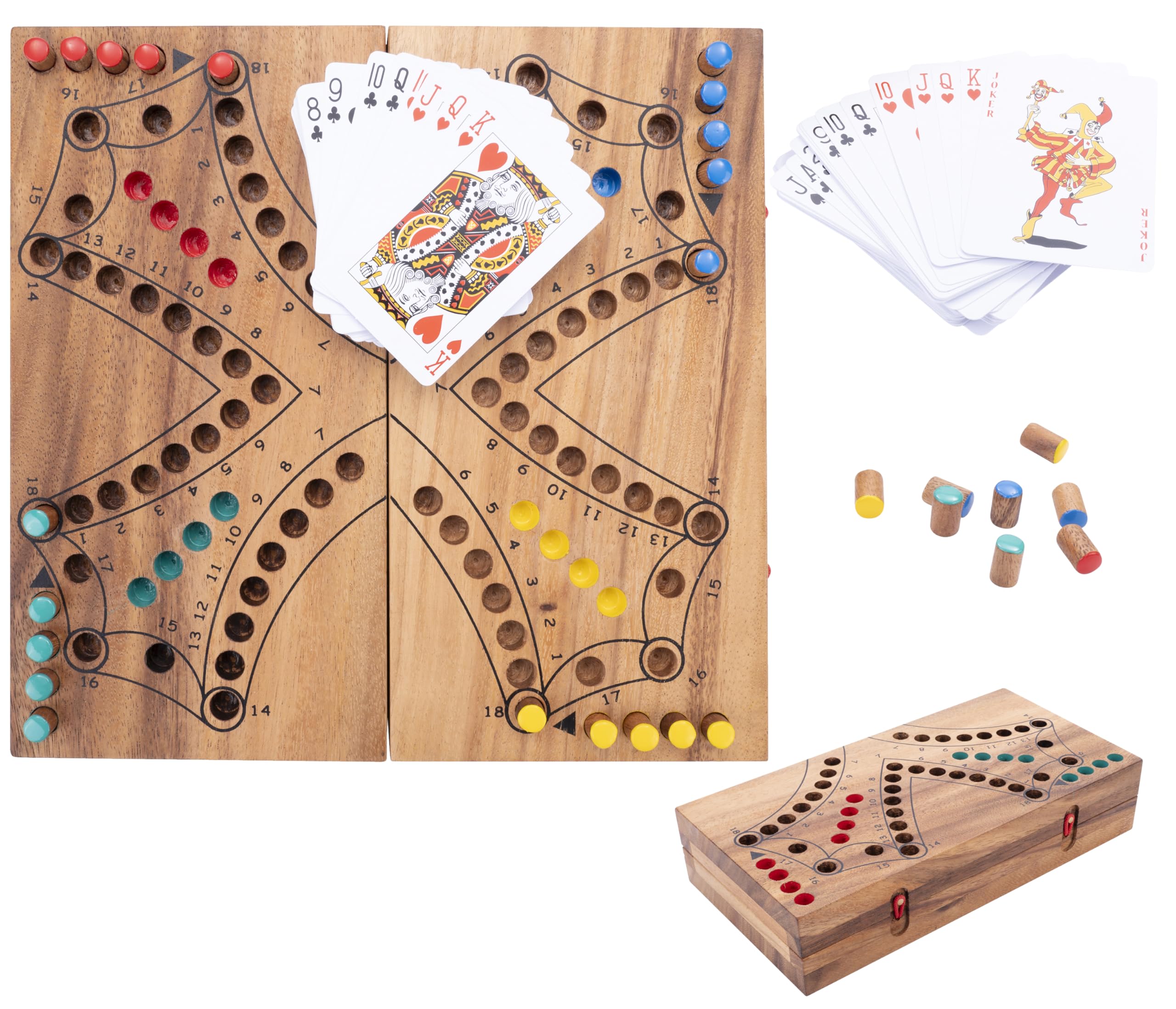 Engelhart - 350261 - Wooden Tock Game - 4-Player Ecological Wooden Box - Traditional Canadian Board Game - Includes Cards for 2 to 4 Players