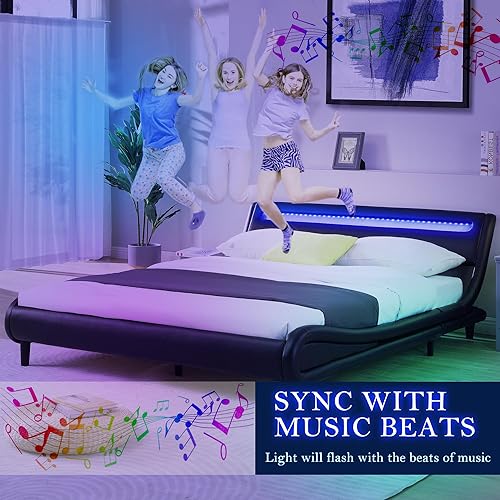 Miniatura 6 de Base de cama de plataforma tapizada moderna tamaño Queen con cabecero de luces LED, marco de cama de piel sintética con forma de ondas, aporta una
