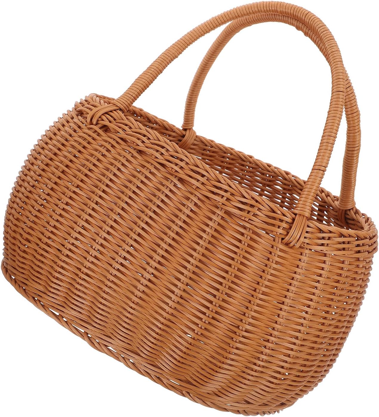 Handmade Rustic Imitation Rattan Woven Picnic Basket 30x24x20cm Large Elliptical Portable Fruit and Vegetable Storage Organizer for Outdoor Use