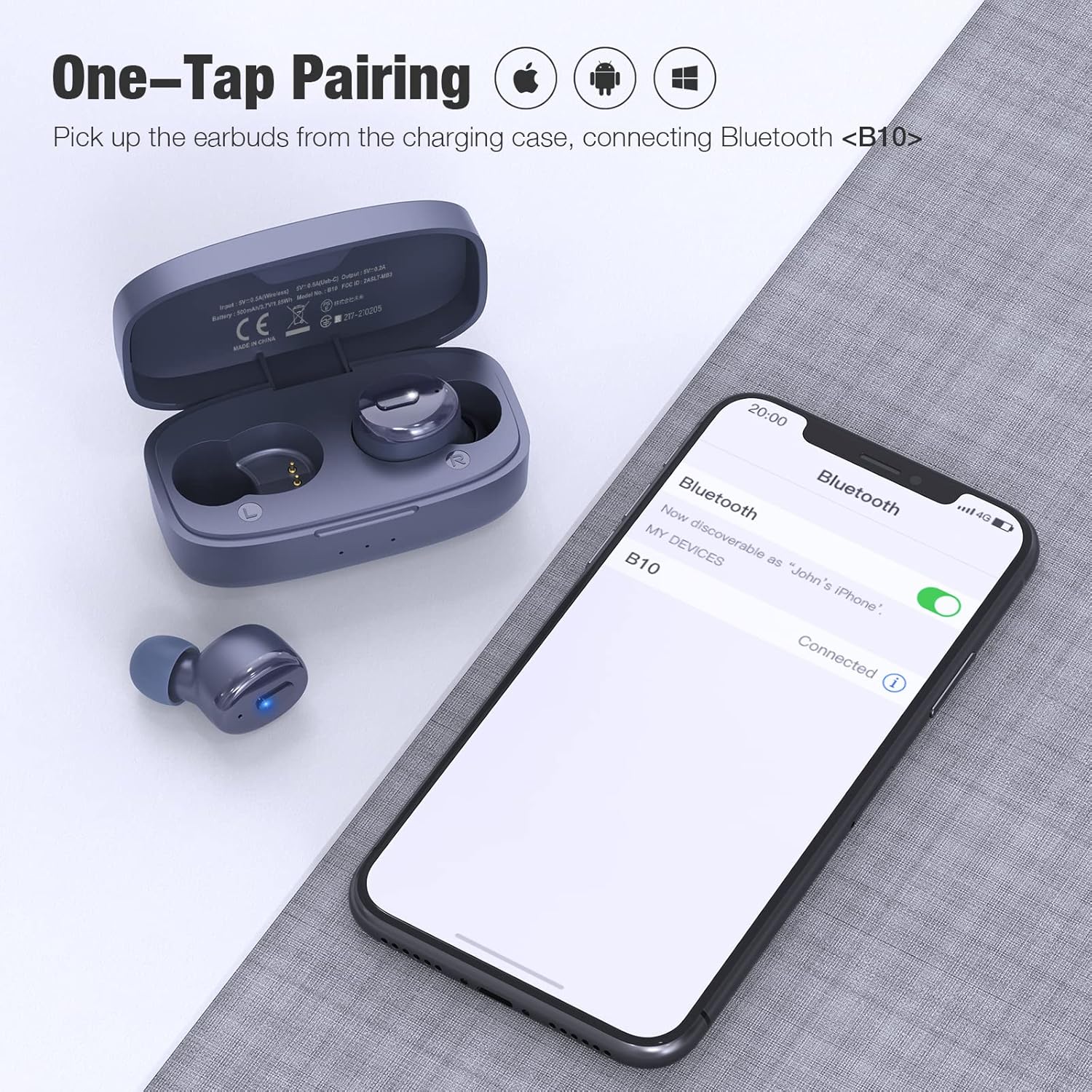 Boean B10 earbuds next to a smartphone displaying the Bluetooth pairing menu, showing 'B10' as a discoverable device.