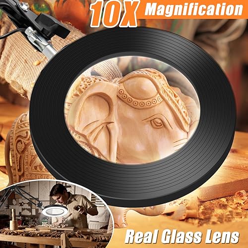 Miniatura 2 de Lupa de 10 veces con luz y soporte, regulador de intensidad ajustable con brazo oscilante 2 en 1, lámpara de escritorio y abrazadera, lupa de
