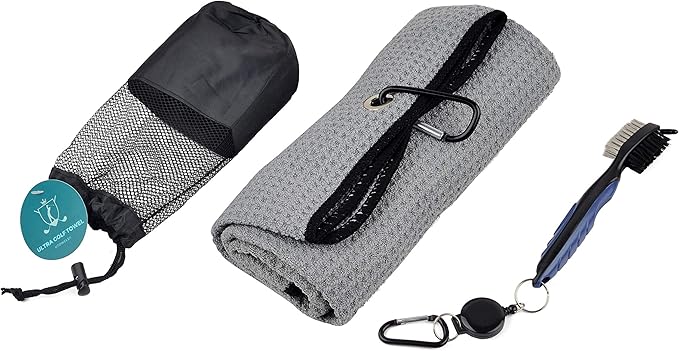 Review MrTowels Golf Towel Clean Set with Microfiber Waffle Pattern Tri-fold Golf Towel with Bag Clip and Brush Tool Kit with Club Groove Cleaner (Gray)