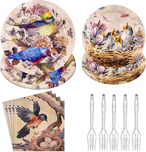 96 piezas de decoración de fiesta de pájaros, platos de fiesta de pájaros, servilletas, tenedores, juego de vajilla para fiesta de cumpleaños