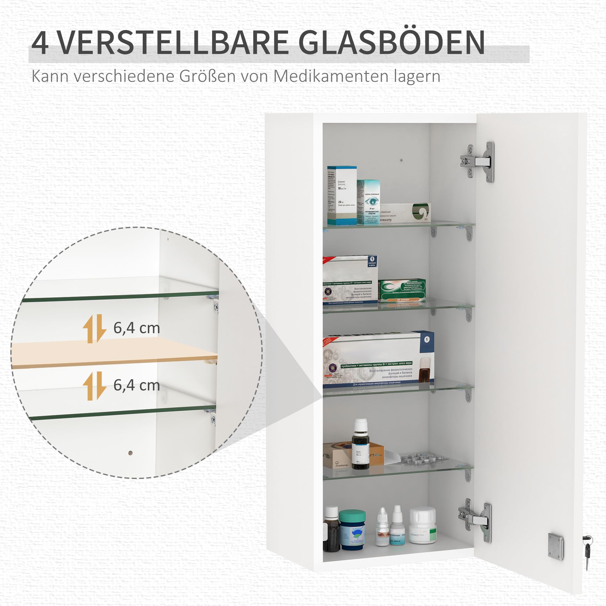 kleankin Medizinschrank Arzneischrank Wandschrank Hängeschrank mit Verstellbarer Ablage Erste-Hilfe-Kreuz abschließbar für Badezimmer Küche Flur Weiß 30x20x70 cm