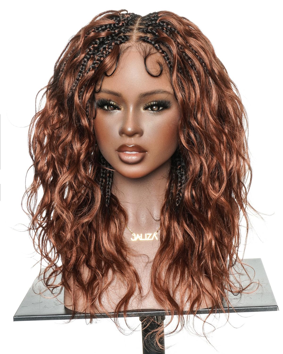 JALIZA Michelle #33 Dark Auburn Brown Glueless Knotless Boho Box Braided Wig, Pre Bleached Swiss HD Full Lace Human Hair Body Wave Curls Wig (Medium 22",18") Me