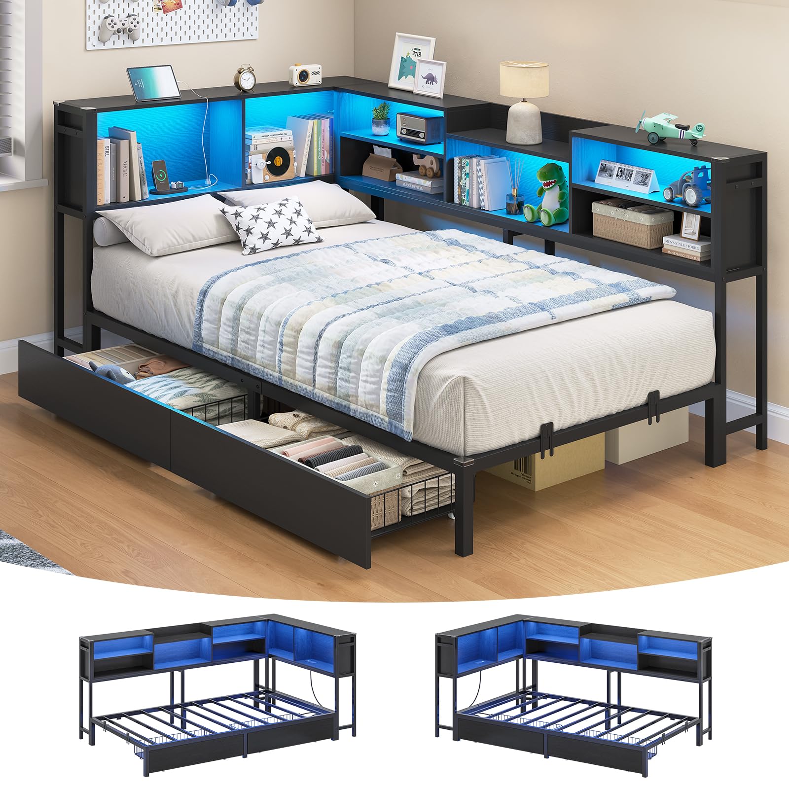 Hasuit Corner Bed Frame Twin XL with 2 Drawers and Storage Bookcase, Daybed with Charging Station and LED Lights, Metal Platform Bed with Bookshleves,