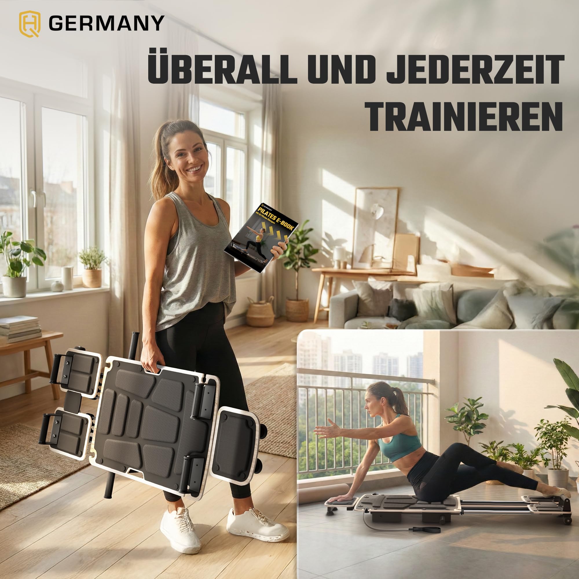 HQ Germany® Pilates Board [massives Birkenholz] - Reformer für Zuhause | inkl. Theraband-Set und digitalem E-Book, 6 Widerstandsstufen, flüsterleise Rollen, standfest & gepolstert