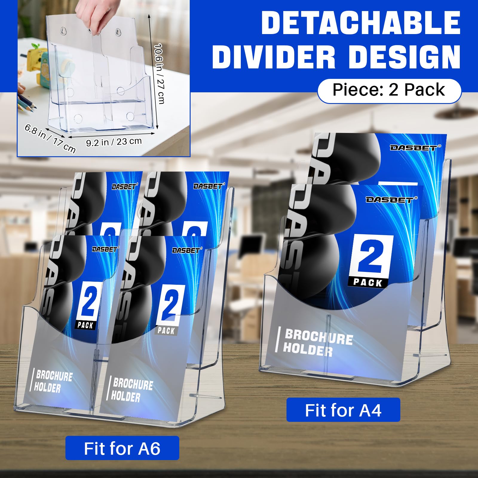DASBET Lot de 2 supports de brochures A4 en acrylique à 2 niveaux pour bureau et support mural pour brochures A4 pour magazines, brochures, dépliants, littérature