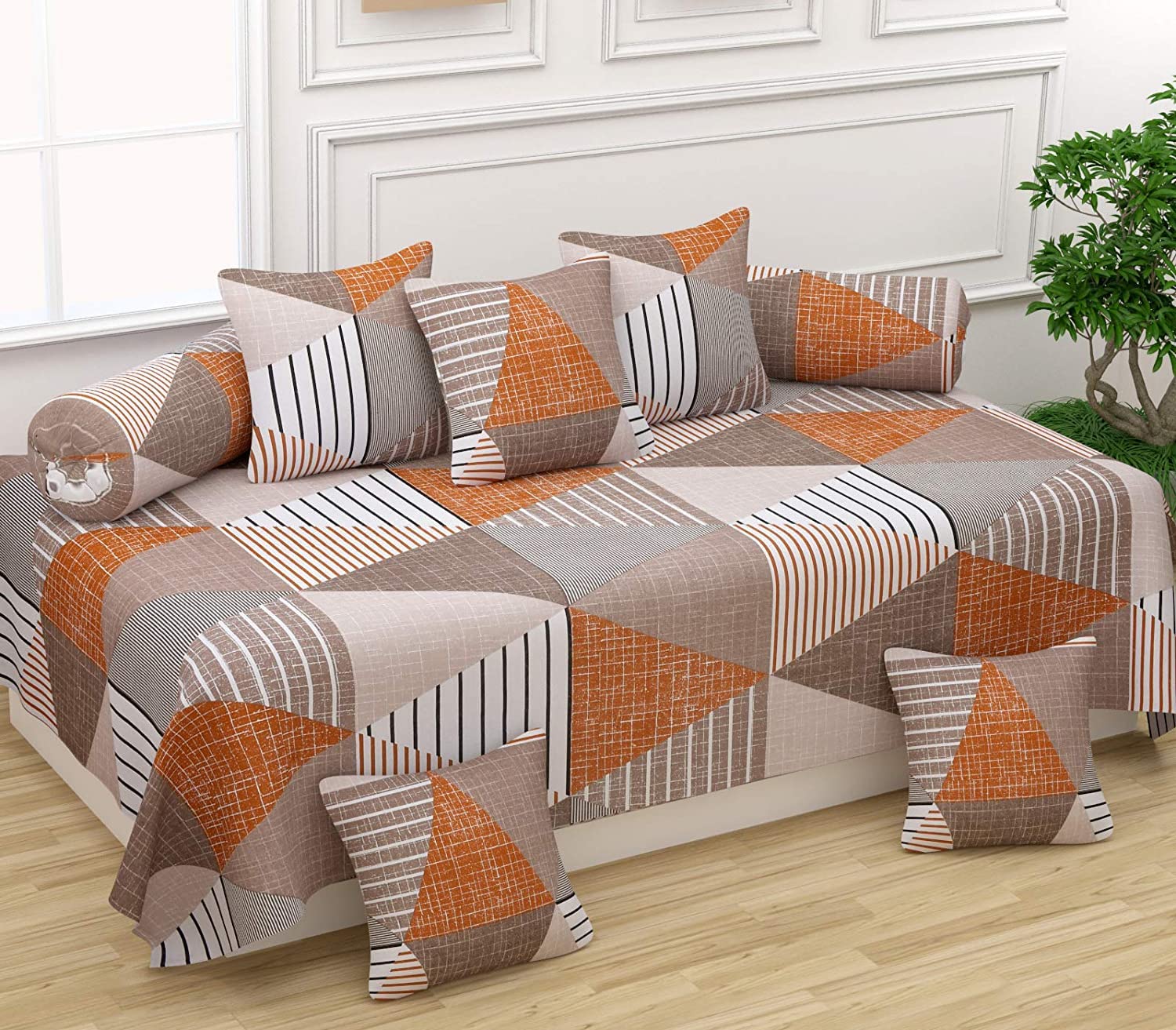 100% Cotton Diwan Set Cotton 8 Pieces Set for Living Room Hall (Set of 8 Piece, 1 Diwan Sheet (60” X 90”), 2 Bolster Cover (16” X 32”), 5 Cushion Covers (16” X 16”)-picture-55