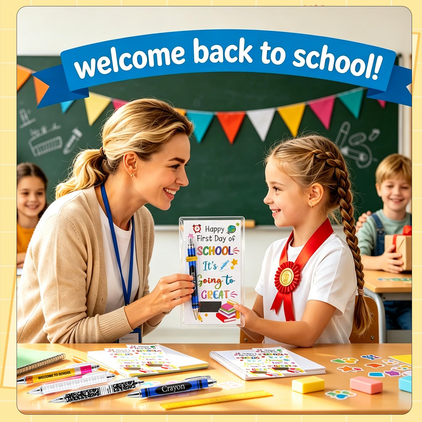 Lot de 72 cadeaux de rentrée scolaire pour étudiants, enseignants, stylos à bille, porte-clés avec cartes de vœux pour le premier jour d'école, récompenses en classe, fournitures de fête
