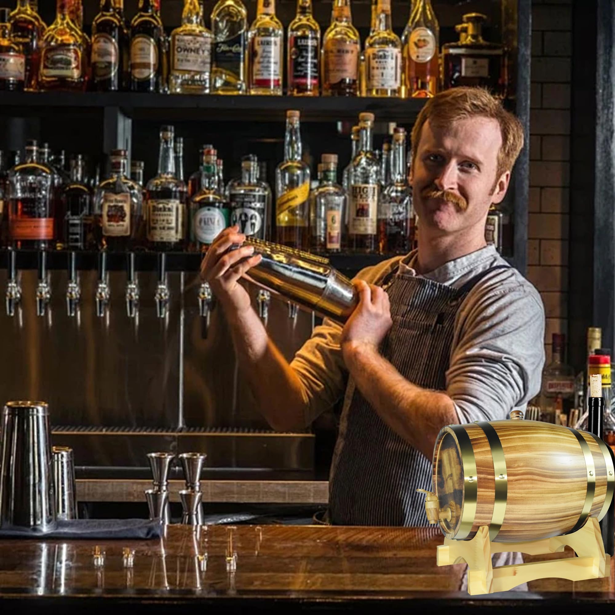Fût à whisky de 5 litres, Grande Capacité Tonneau à Vin en Bois avec copeaux de chêne, Fût traditionnel de vin et de whisky Pour servir une table, pour vin, Whisky & Eau-de-Vie, Jaune clair