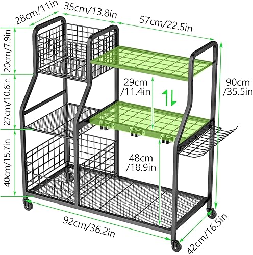 Miniatura 4 de Organizador de herramientas de jardín para garaje, organizador de herramientas de patio de 3 niveles y soporte de almacenamiento con ruedas, estante