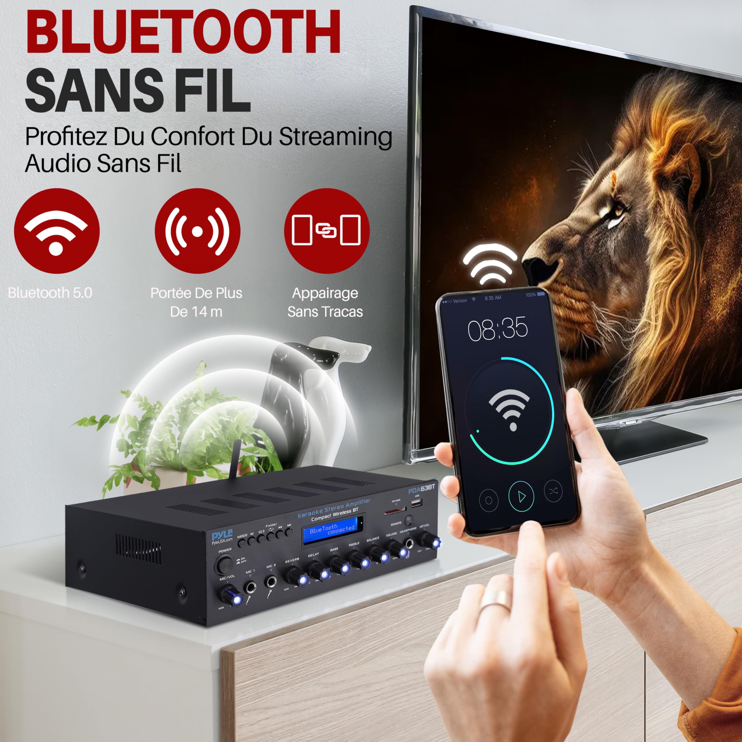 Pyle Amplificateur Bluetooth Stéréo sans Fil, Multi-Canaux, 200 Watts, Système Récepteur Audio pour la Maison avec Radio FM, Bluetooth, USB, SD, AUX, RCA, Entrée Microphone, Antenne et FM