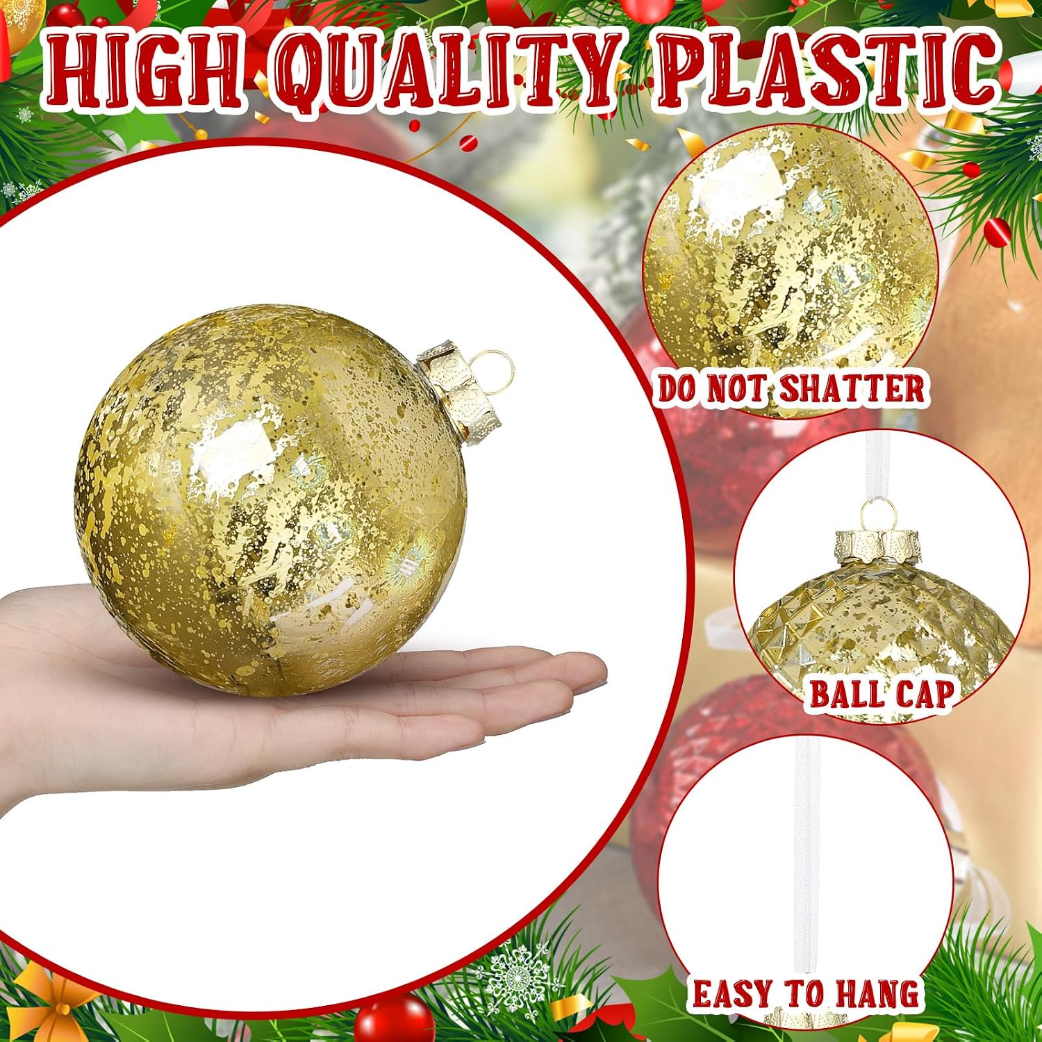 Syhood 8 Pcs Gold Christmas Ball Ornaments 4" Shatterproof Mercury | Vintage Mercury Finish Plastic Hanging Decor for Xmas Tree, Wedding Party, Holiday Events, Large Shatterproof Design