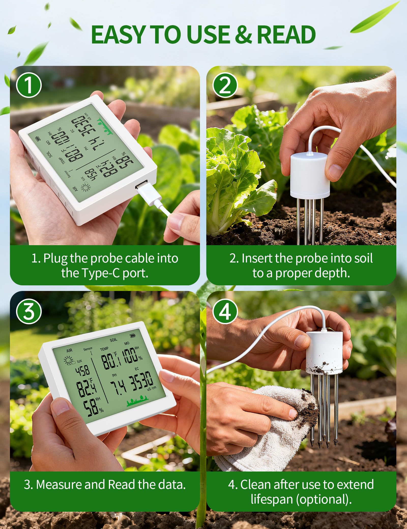 EXTSUD Testeur pH Sol -7 en 1 Thermometre de Sol Testeur pour Fertilité/pH/Température/Humidité/Lumière/Humidité Ambiante/Température Ambiante pour Pot de Fleurs Plante Jardin Ferme Cour