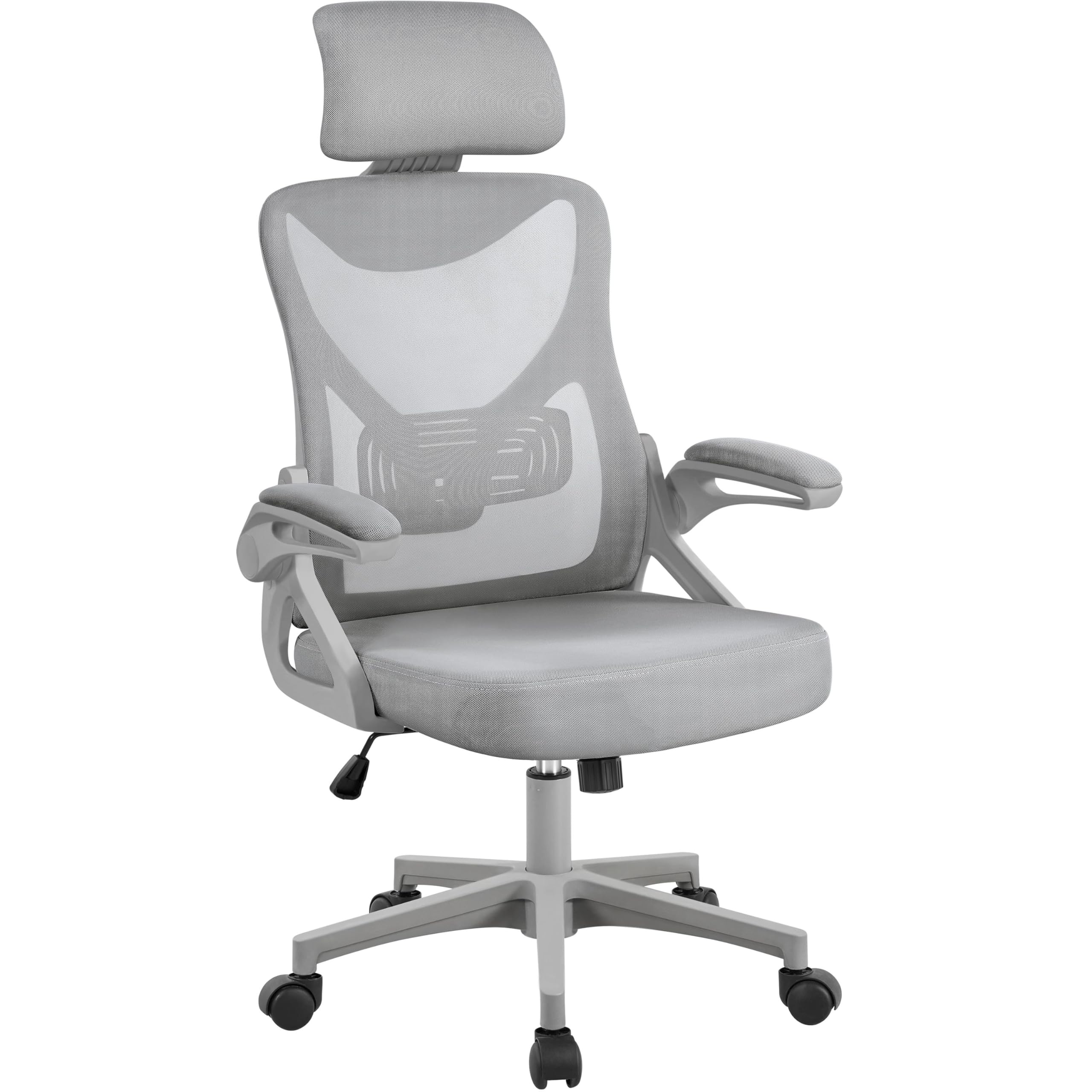 Yaheetech Ergonomiczne krzesło biurowe z podłokietnikami, regulowany zagłówek, wysokie oparcie, funkcja huśtawki, krzesło obrotowe z oddychającej siatki z podparciem lędźwiowym, kolor szary