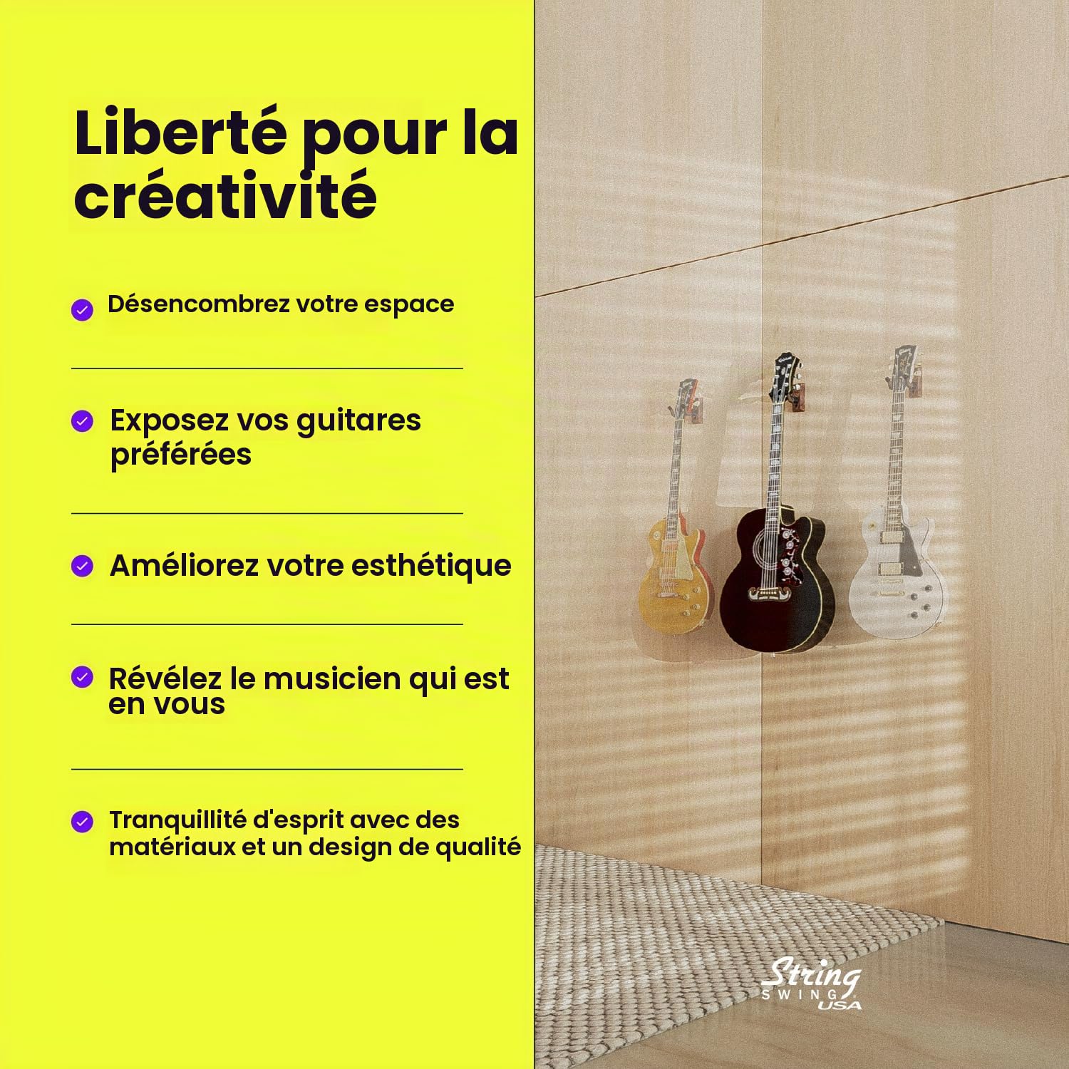 String Swing - CC01K - Support mural pour guitare acoustique ou électrique - Noyer noir