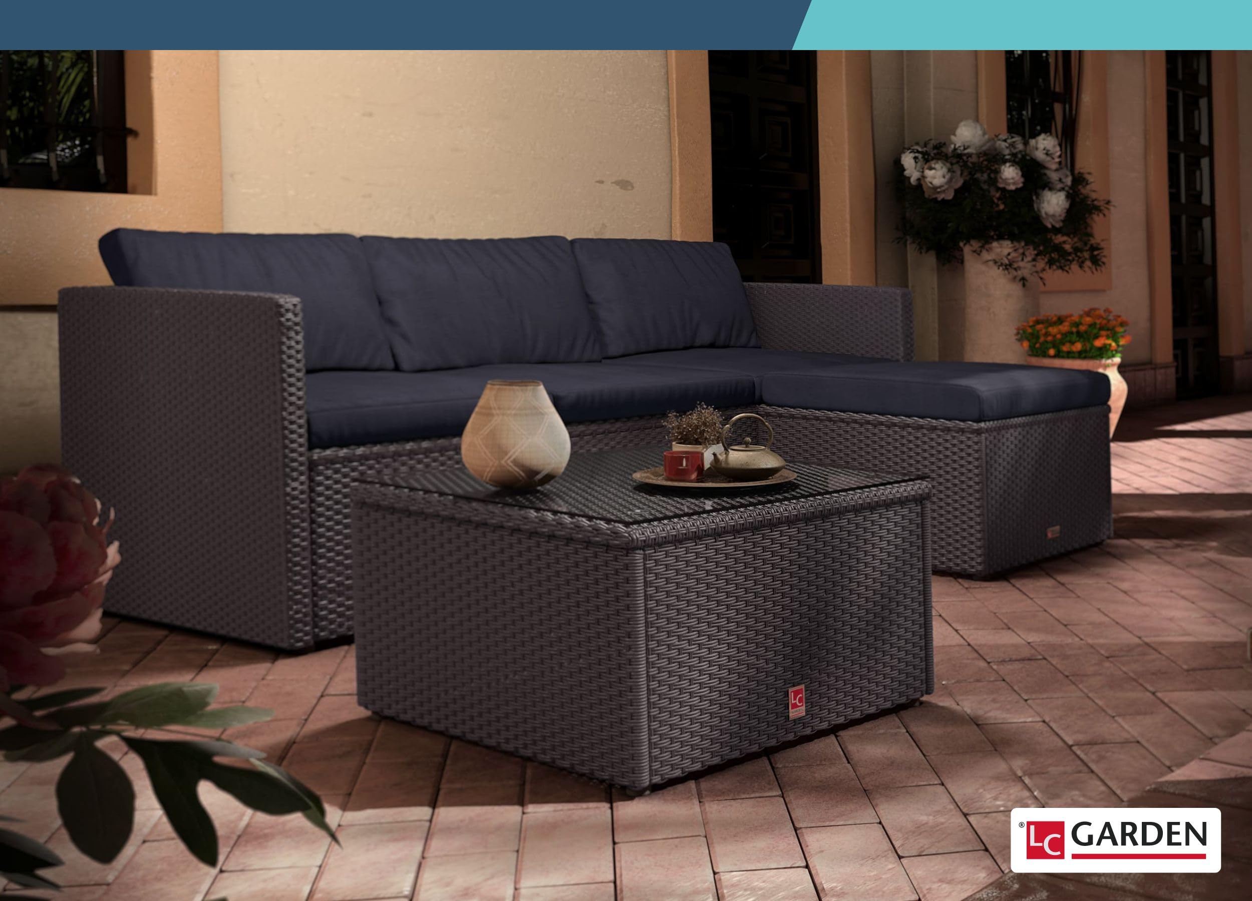 LC Garden Loungino Polyrattan Lounge grau-Mix für 3-4 Personen, Balkonmöbel Sitzgruppe mit Tisch + Hocker, Gartenlounge, Ecksofa für Balkon + Terrasse