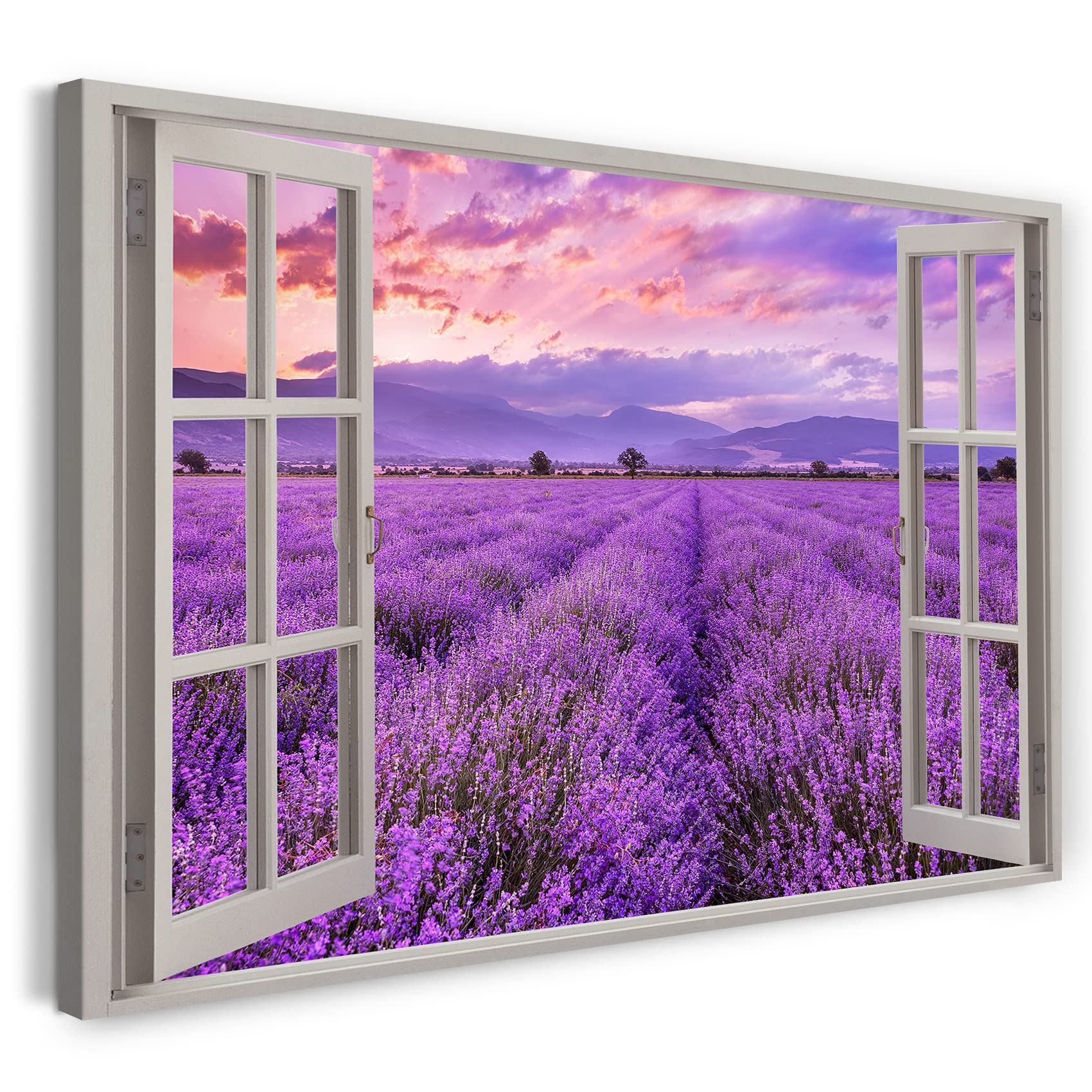 Print on Canvas (60x40 cm) View from the window - Sunset Flowers Purple Field - Nature photography, real wood frame with hook