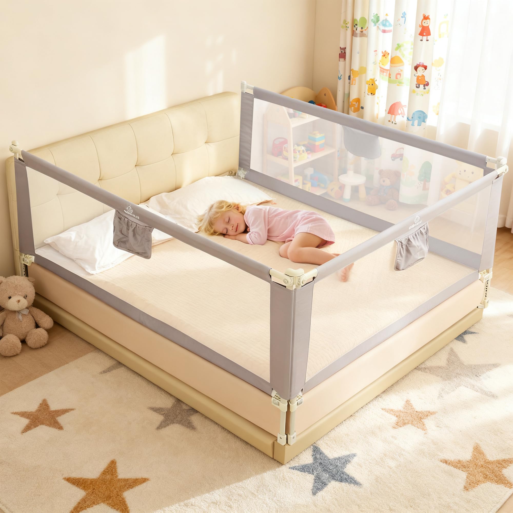Barrera de 160cm para Cama, Barrera de Seguridad Niños, Barandilla Cama Niño Legable y Portátil