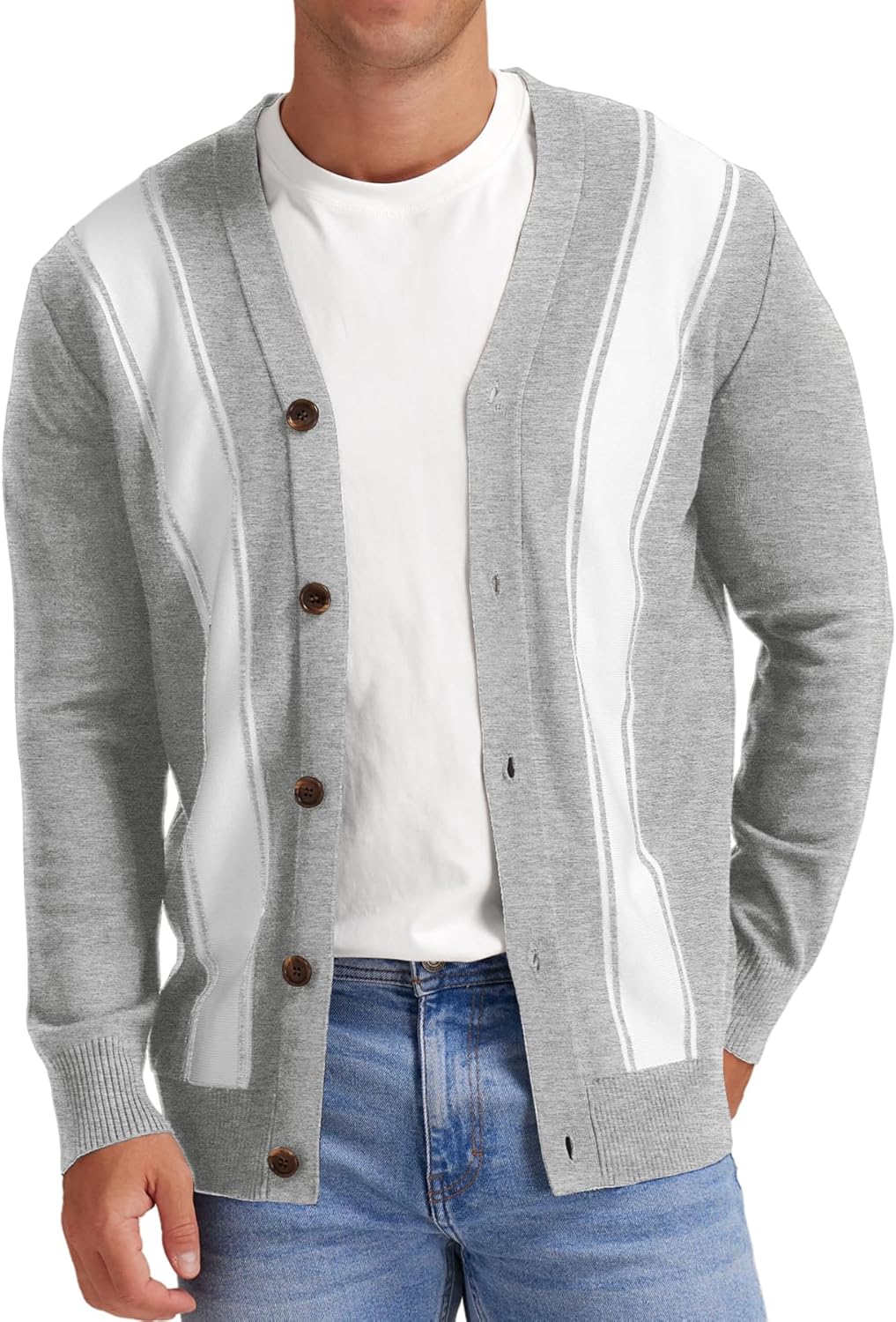 NITAGUT Men’s Vintage Striped Long Sleeve Cardigan Sweater with Button V Neck Knitted Sweaters