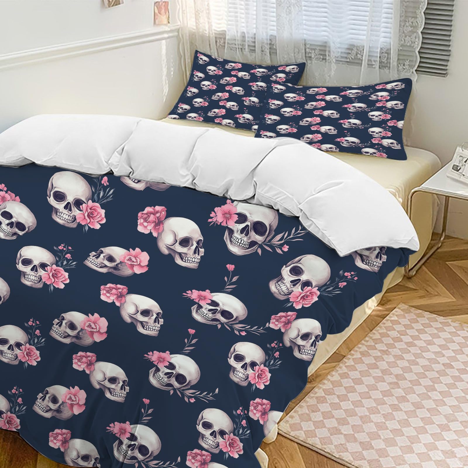 Skull Comforter Set Twin Size, Gothic Skull Print Comforter Cover Skull Gifts for Women, Goth Skeleton Bedding Decor Duvet Quilt Cover Set with 2 Pillowcases for Adults Kids Girls Teens