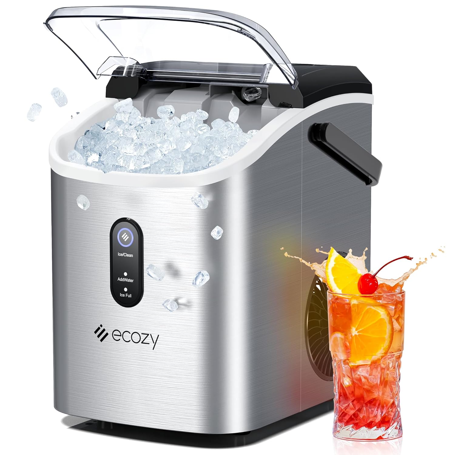 ecozy Nugget Ice Maker Countertop with Handle, 33 lbs Chewable Pellet Ice Daily, Self-Cleaning Ice Machine, Includes Ice Bags for Kitchen, Bar, Parties, Stainless Steel Nugget Ice Maker Stainless Steel